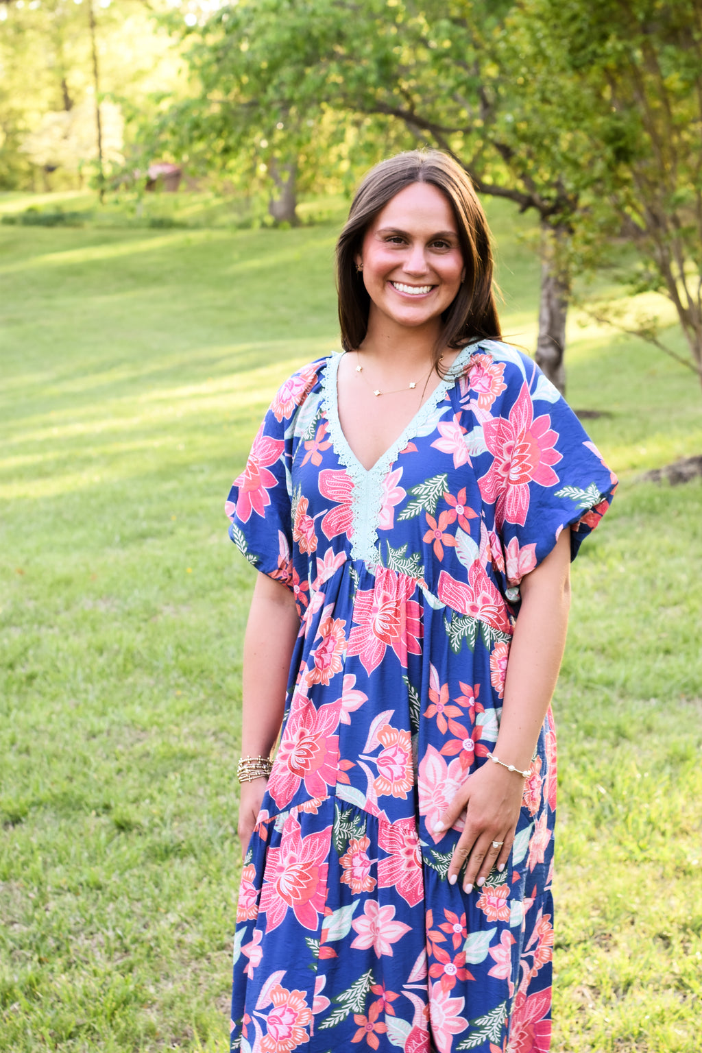 Umgee Floral Print V-Neck Maxi Dress