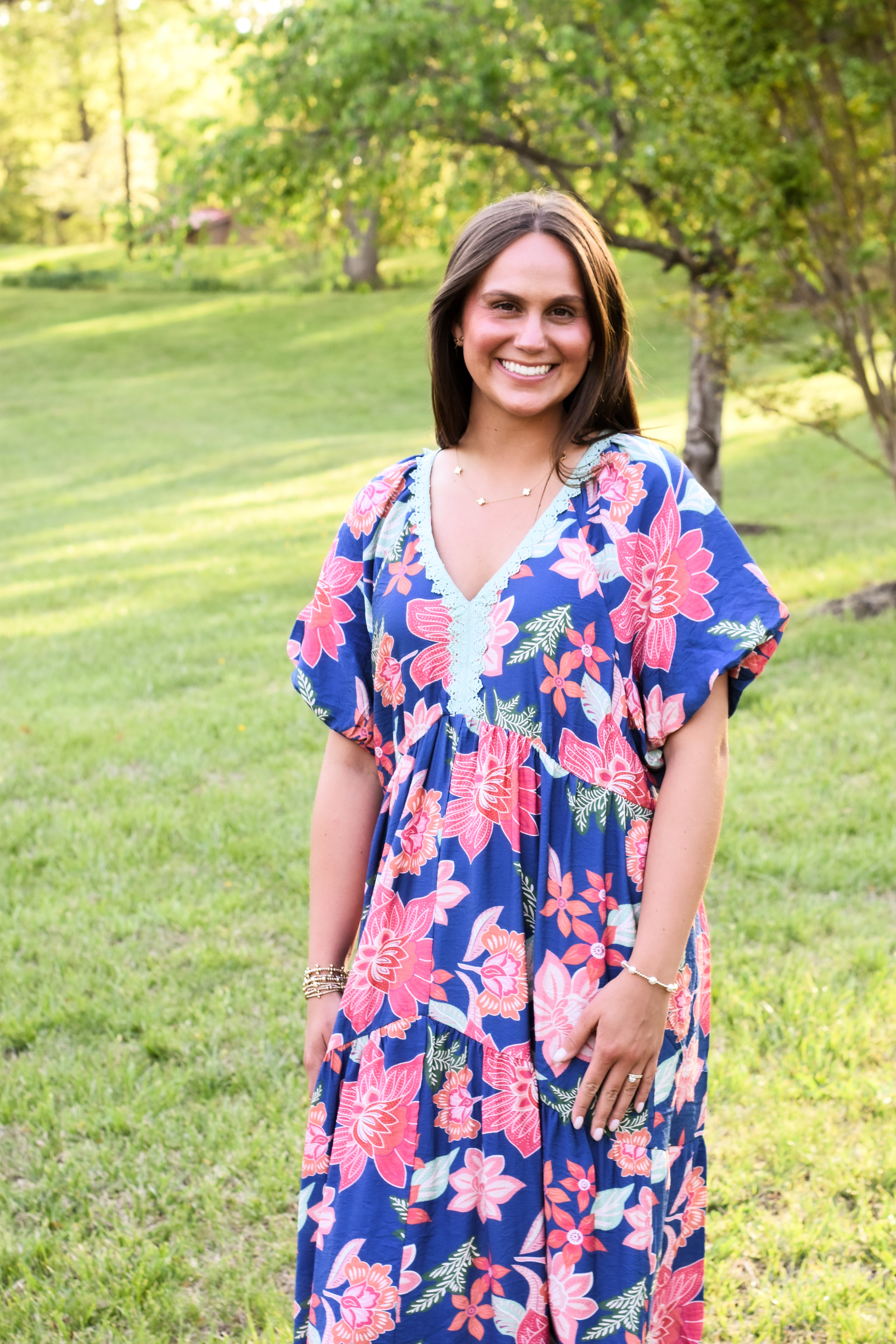 Umgee Floral Print V-Neck Maxi Dress