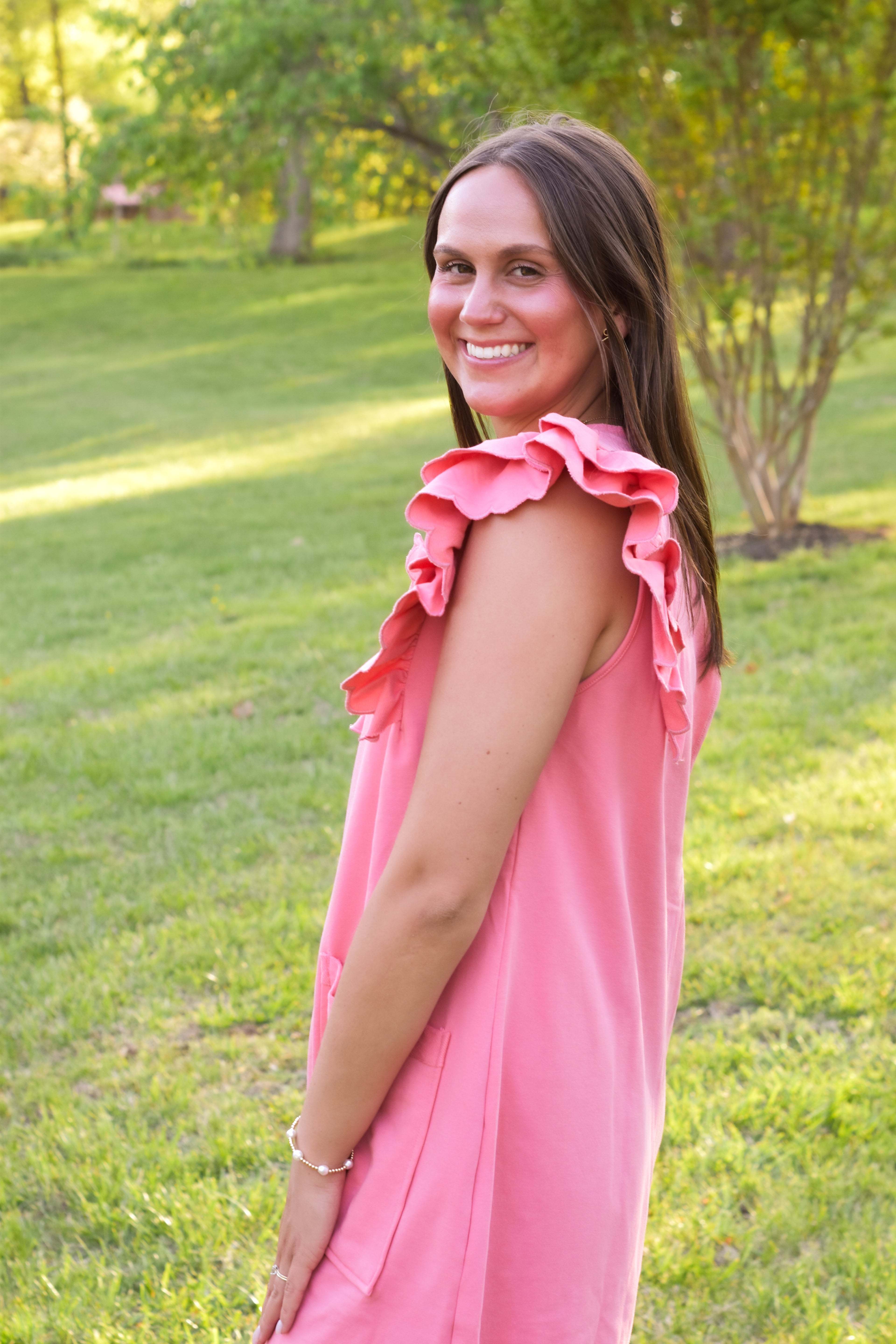 Umgee Coral Pink Ruffle Sleeve Romper