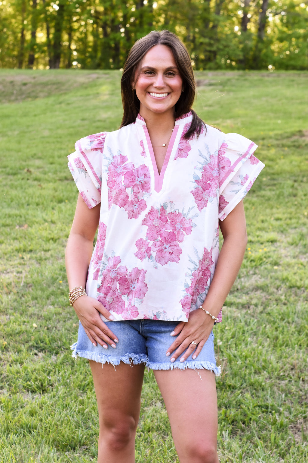Umgee Mix Floral Ruffle Sleeve Blouse
