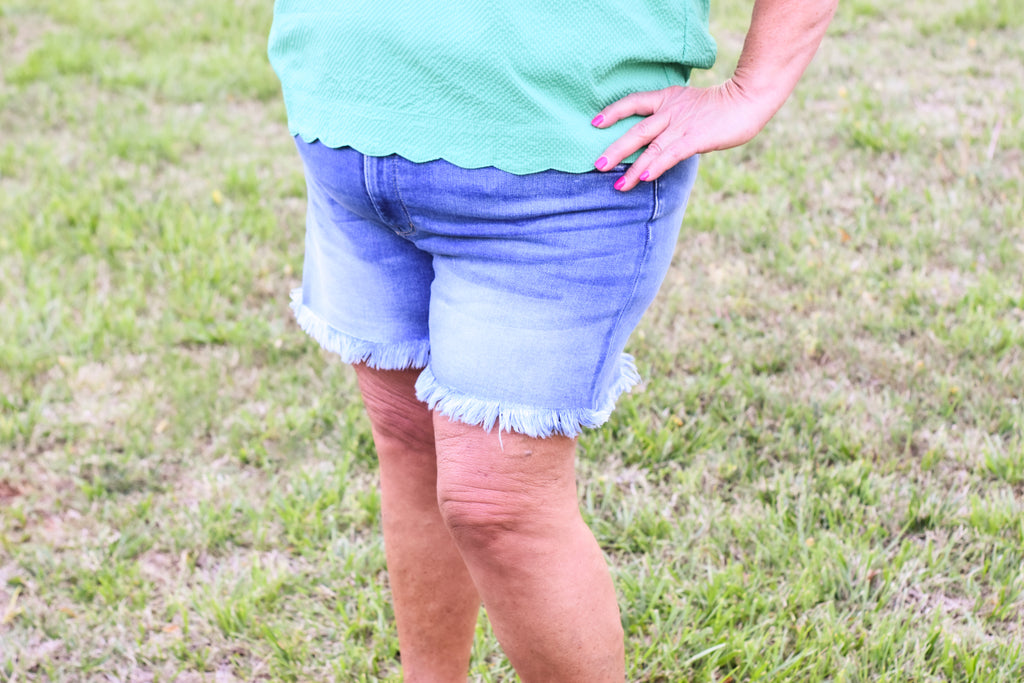 Zenana Mid Rise Raw Frayed Hem Denim Shorts