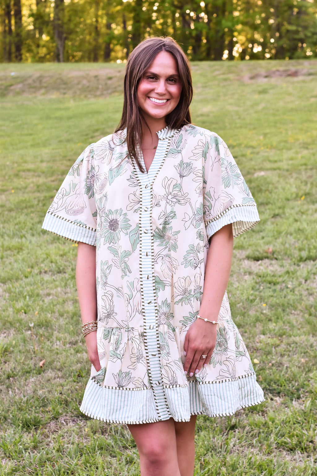 Umgee Botanical Print V-Neck Dress
