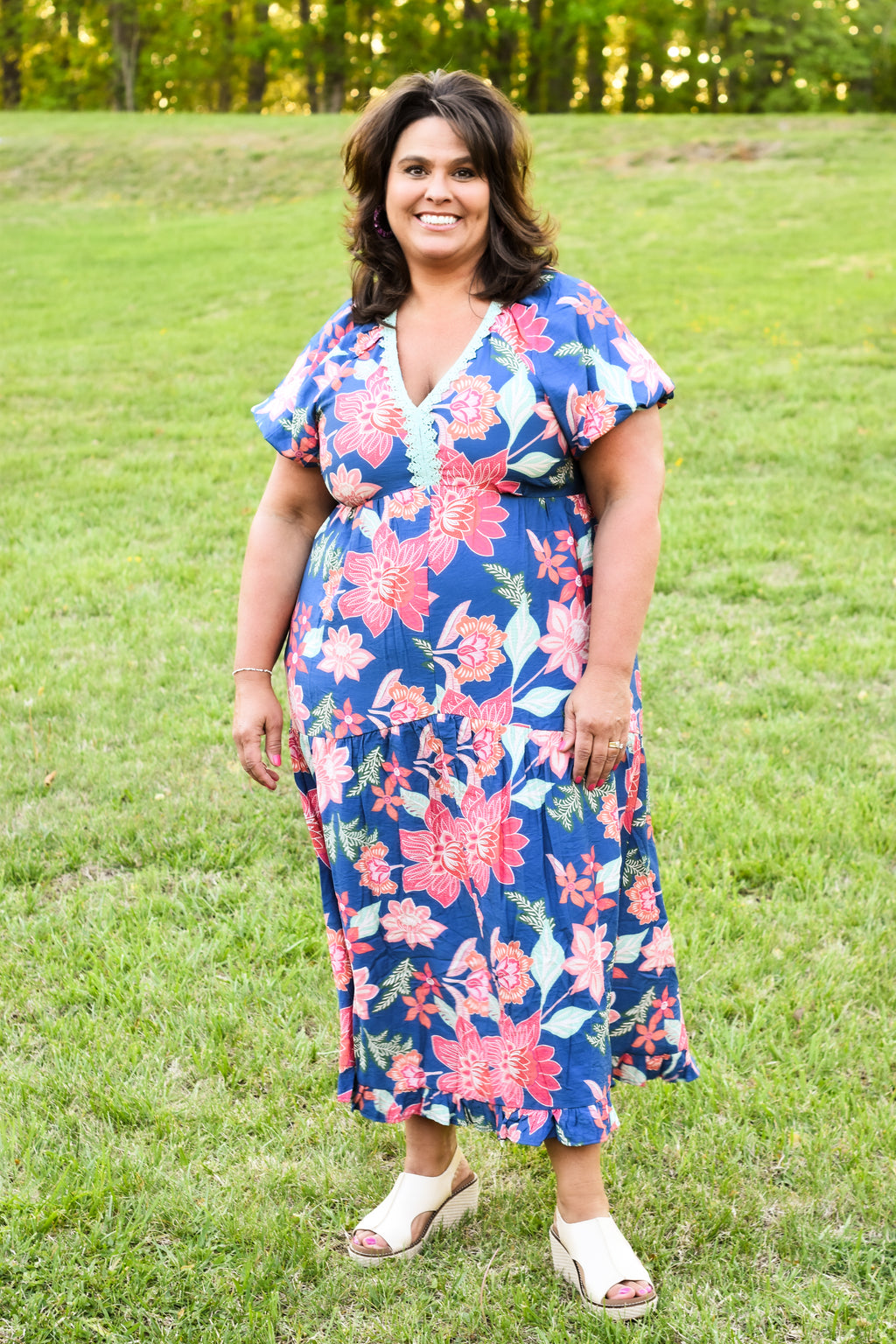 Umgee Floral Print V-Neck Maxi Dress