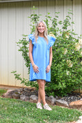 French Terry Mini Dress with Scalloped Ruffle Sleeves: Orchid Blue