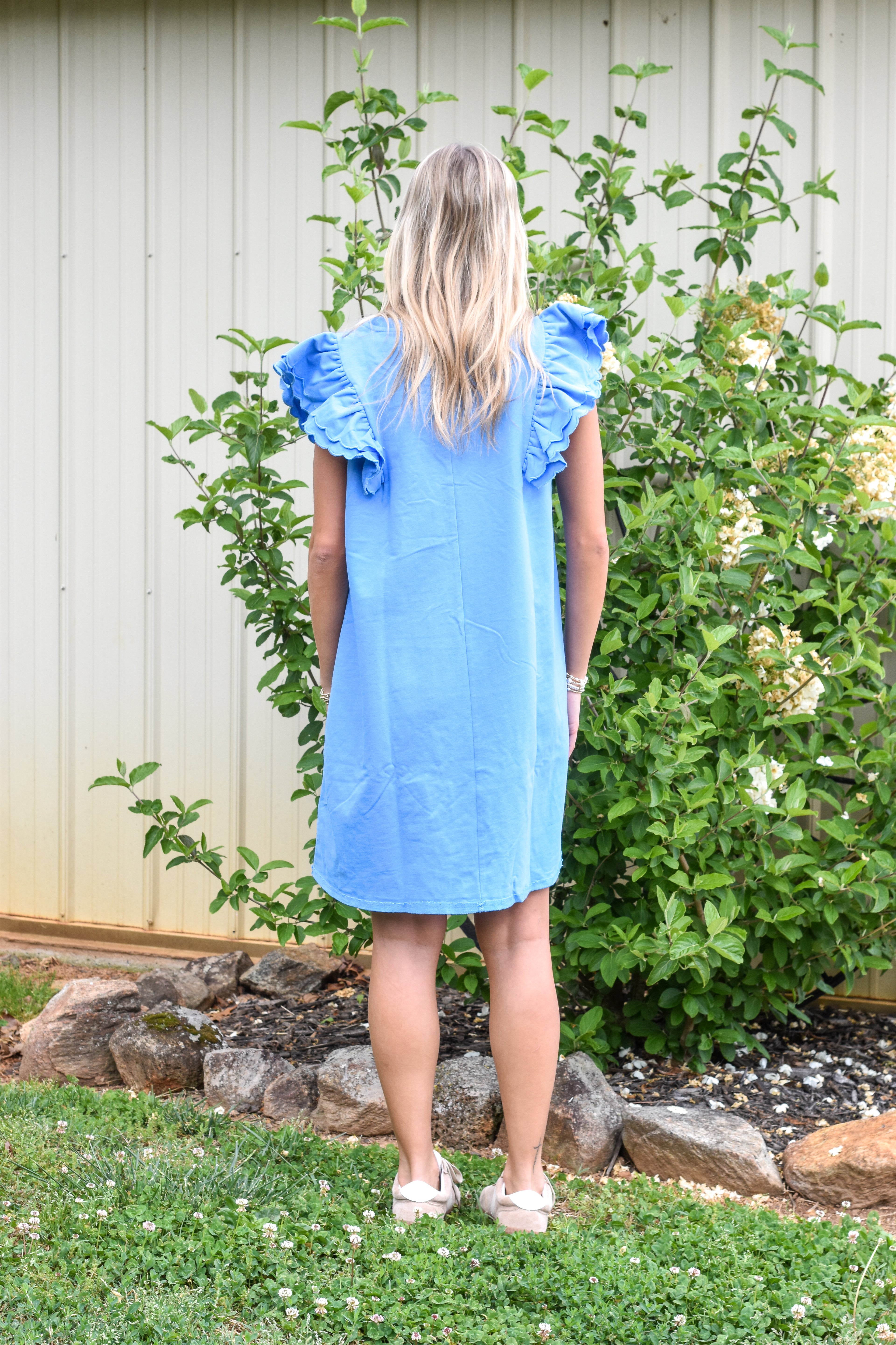 French Terry Mini Dress with Scalloped Ruffle Sleeves: Orchid Blue