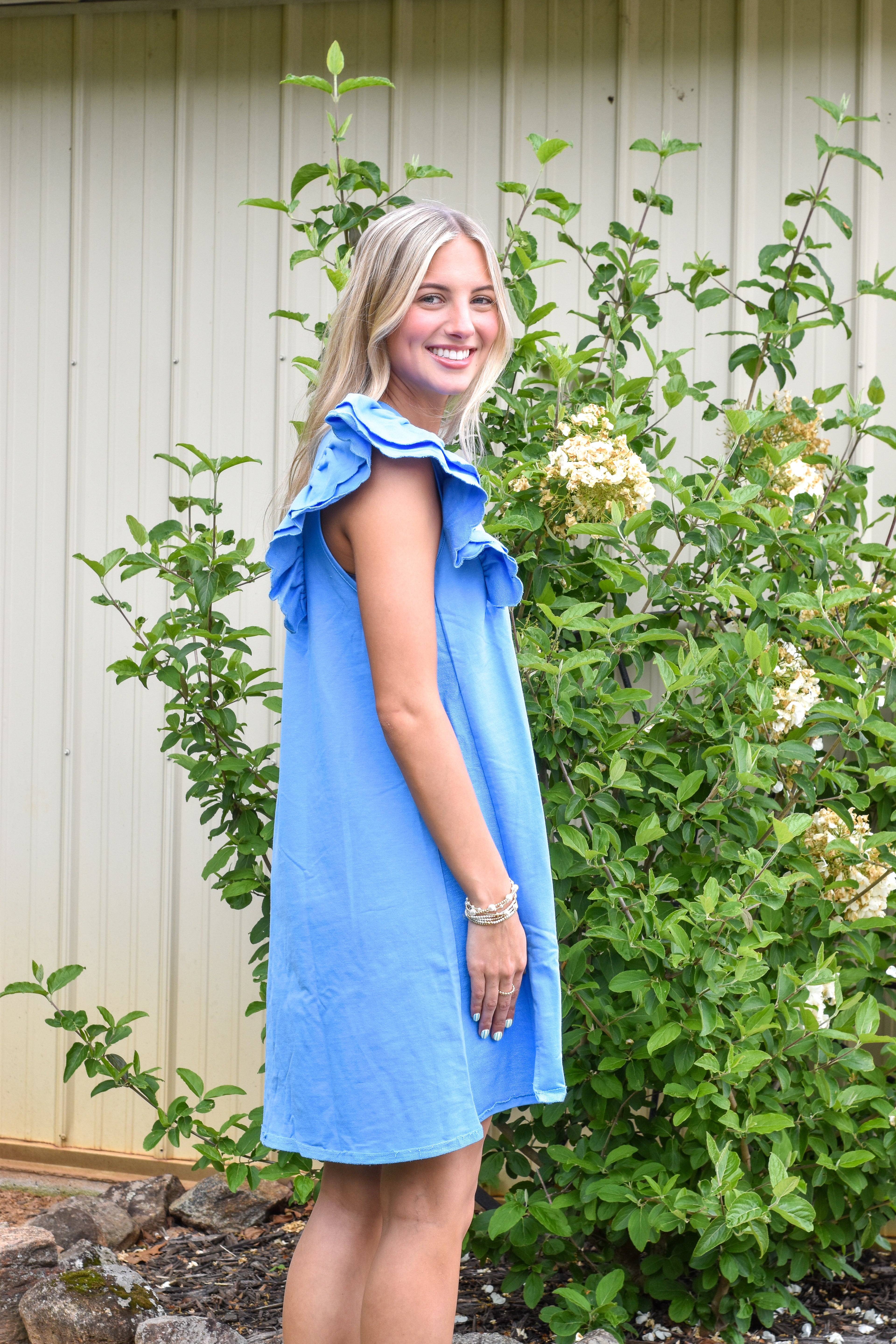 French Terry Mini Dress with Scalloped Ruffle Sleeves: Orchid Blue