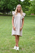 French Terry Mini Dress with Scalloped Ruffle Sleeves: Stone
