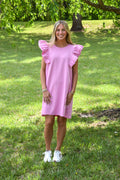 French Terry Mini Dress with Scalloped Ruffle Sleeves: Pink Mauve