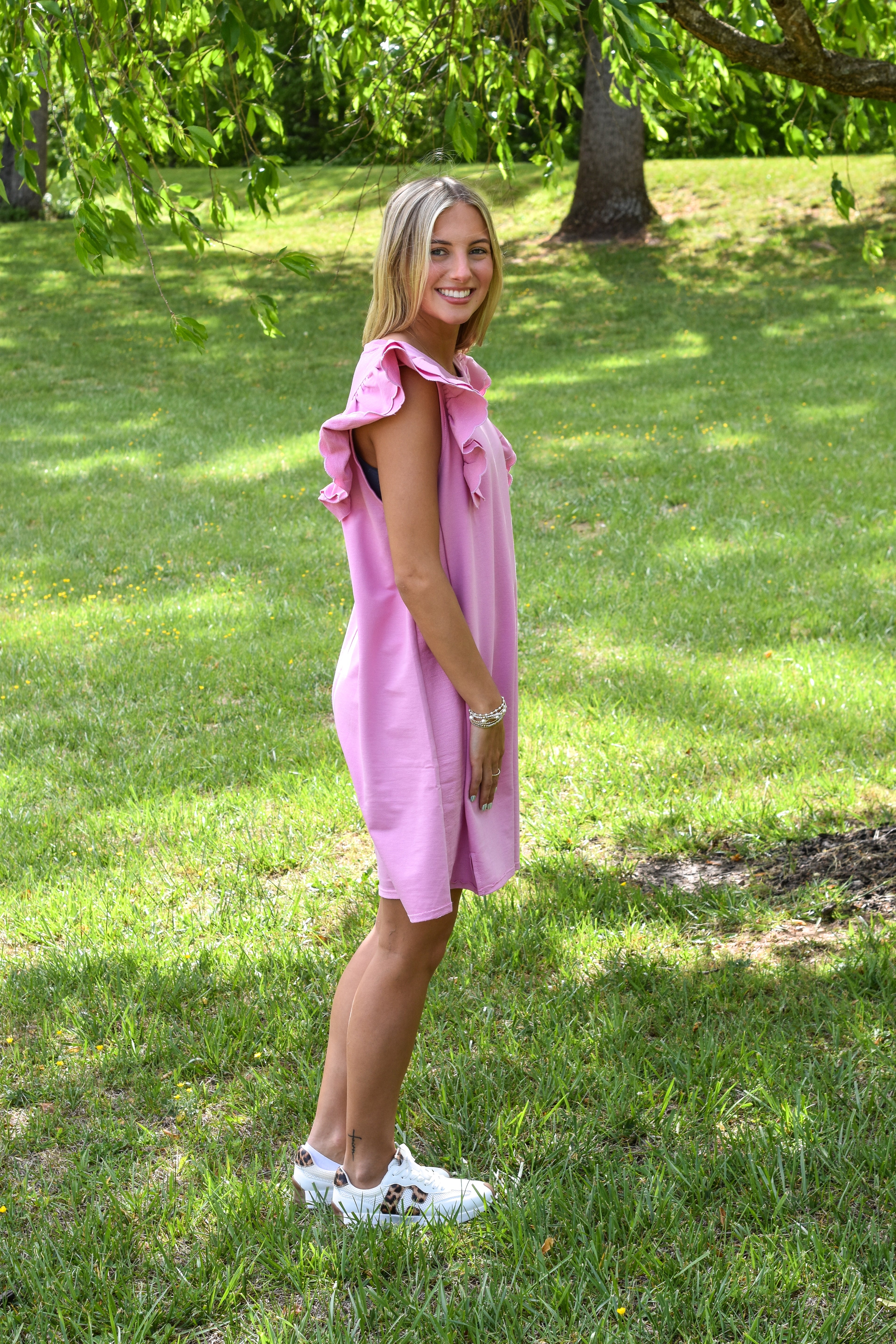French Terry Mini Dress with Scalloped Ruffle Sleeves: Pink Mauve