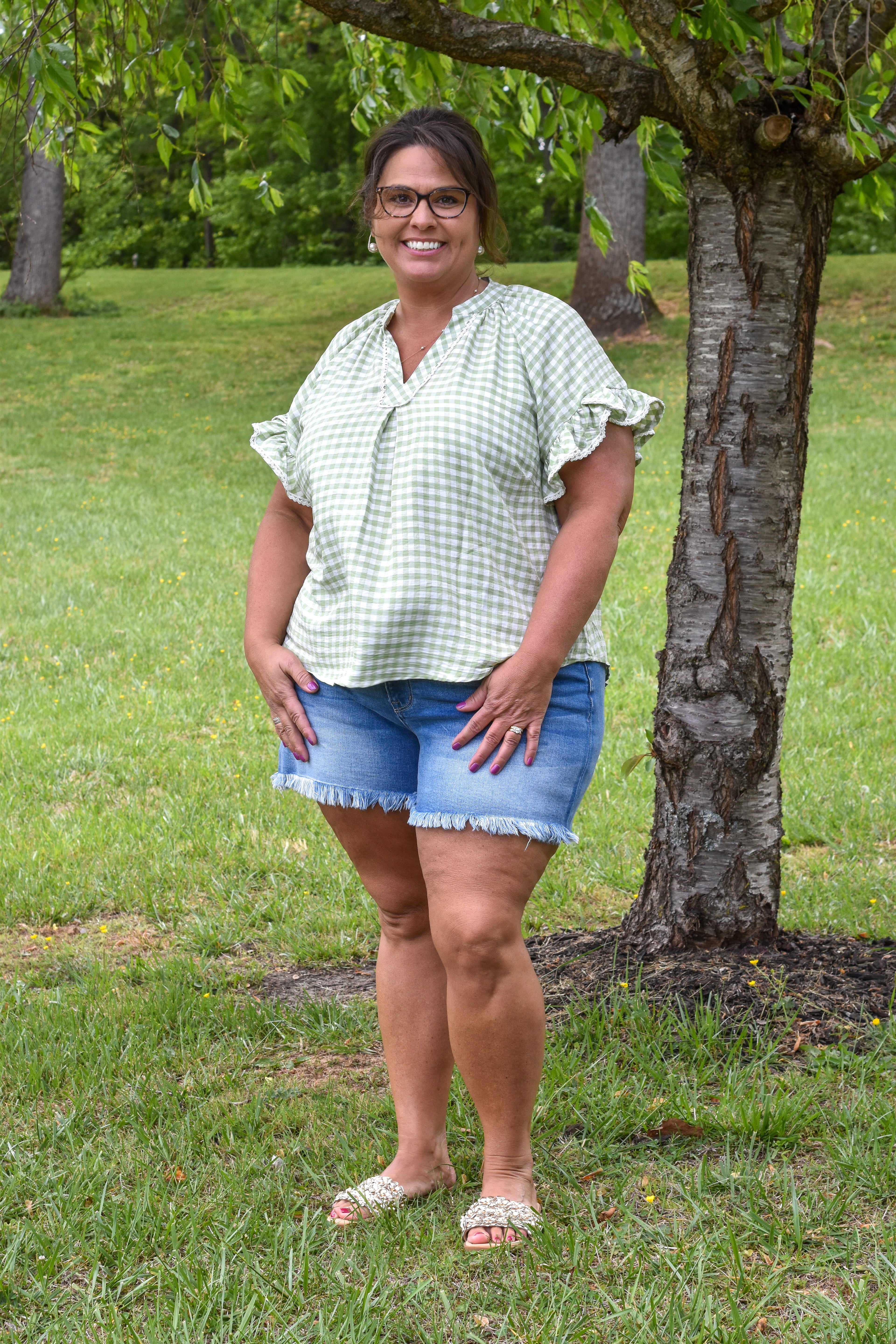 Gingham Ruffle Top: Sage