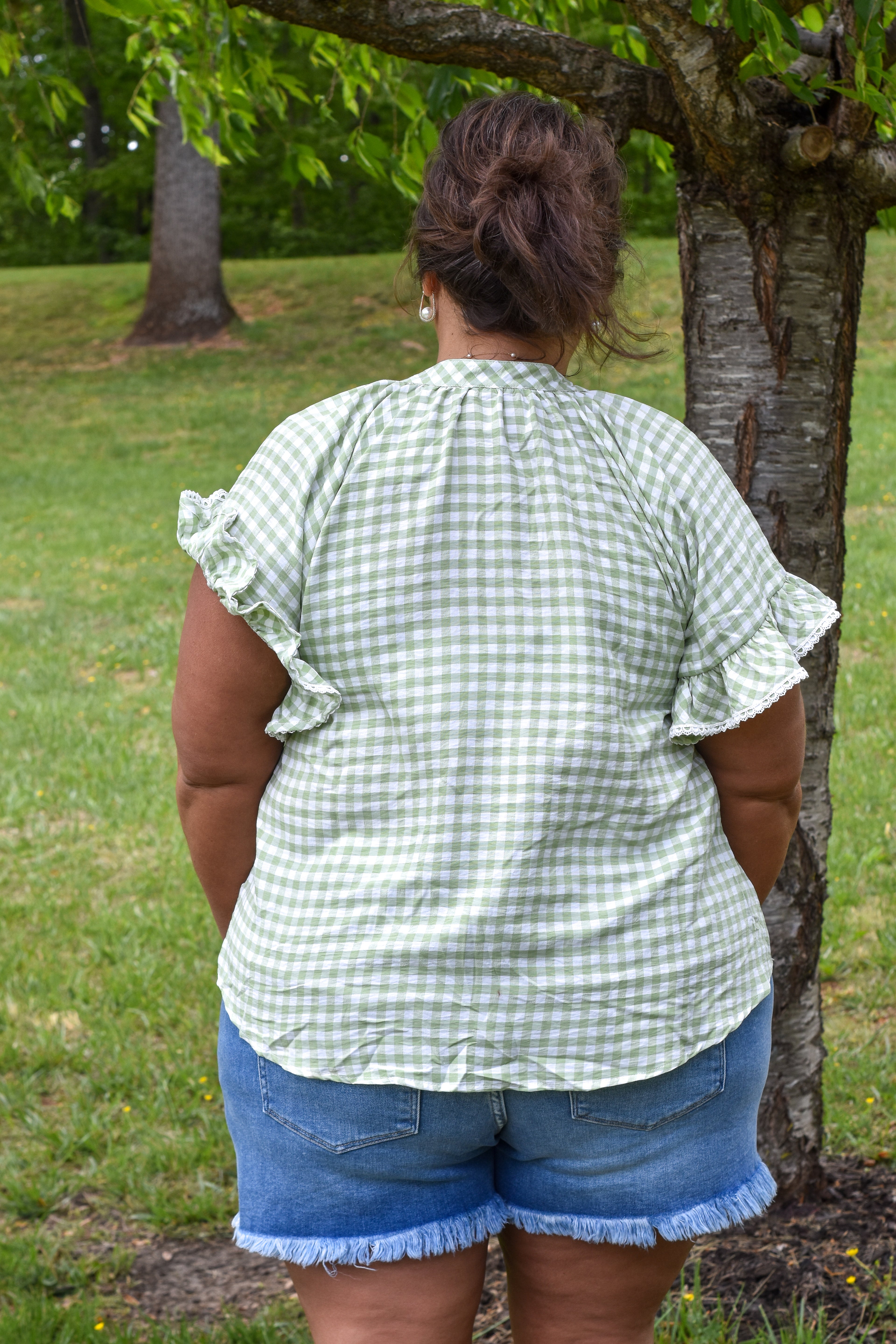 Gingham Ruffle Top: Sage