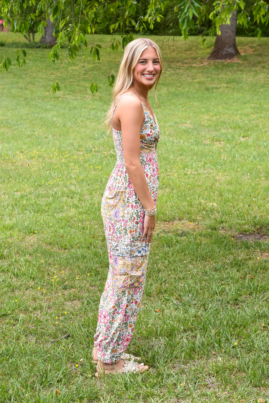 MIXED PRINT CARGO POCKET TWIST FRONT JUMPSUIT