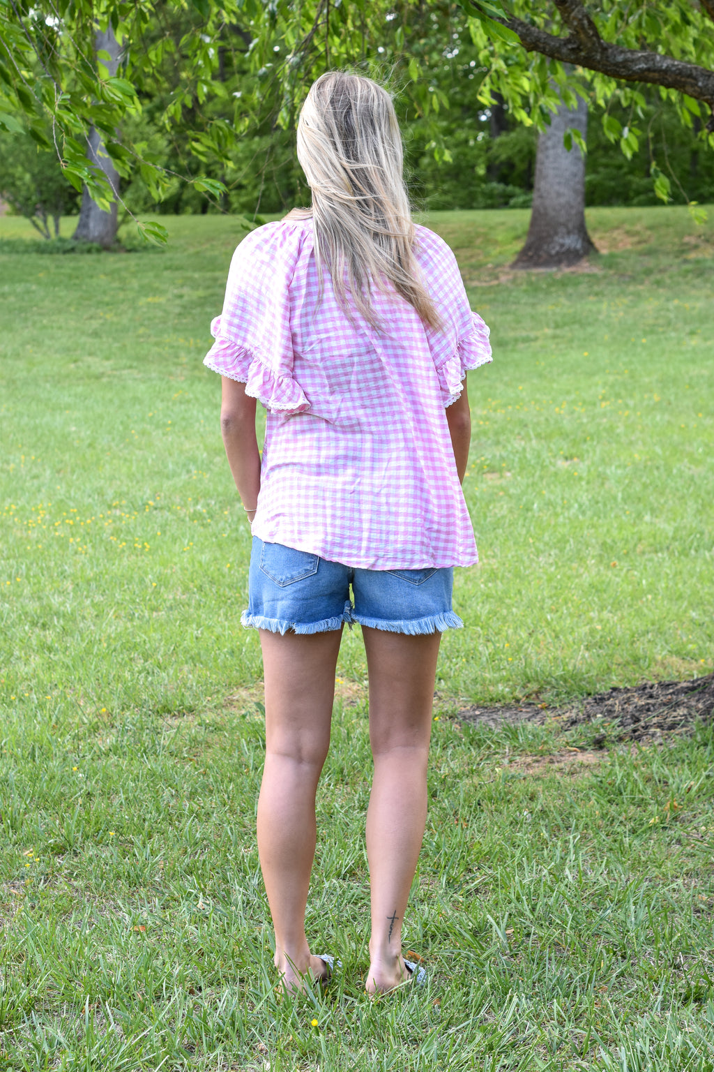 Gingham Ruffle Top: Peony