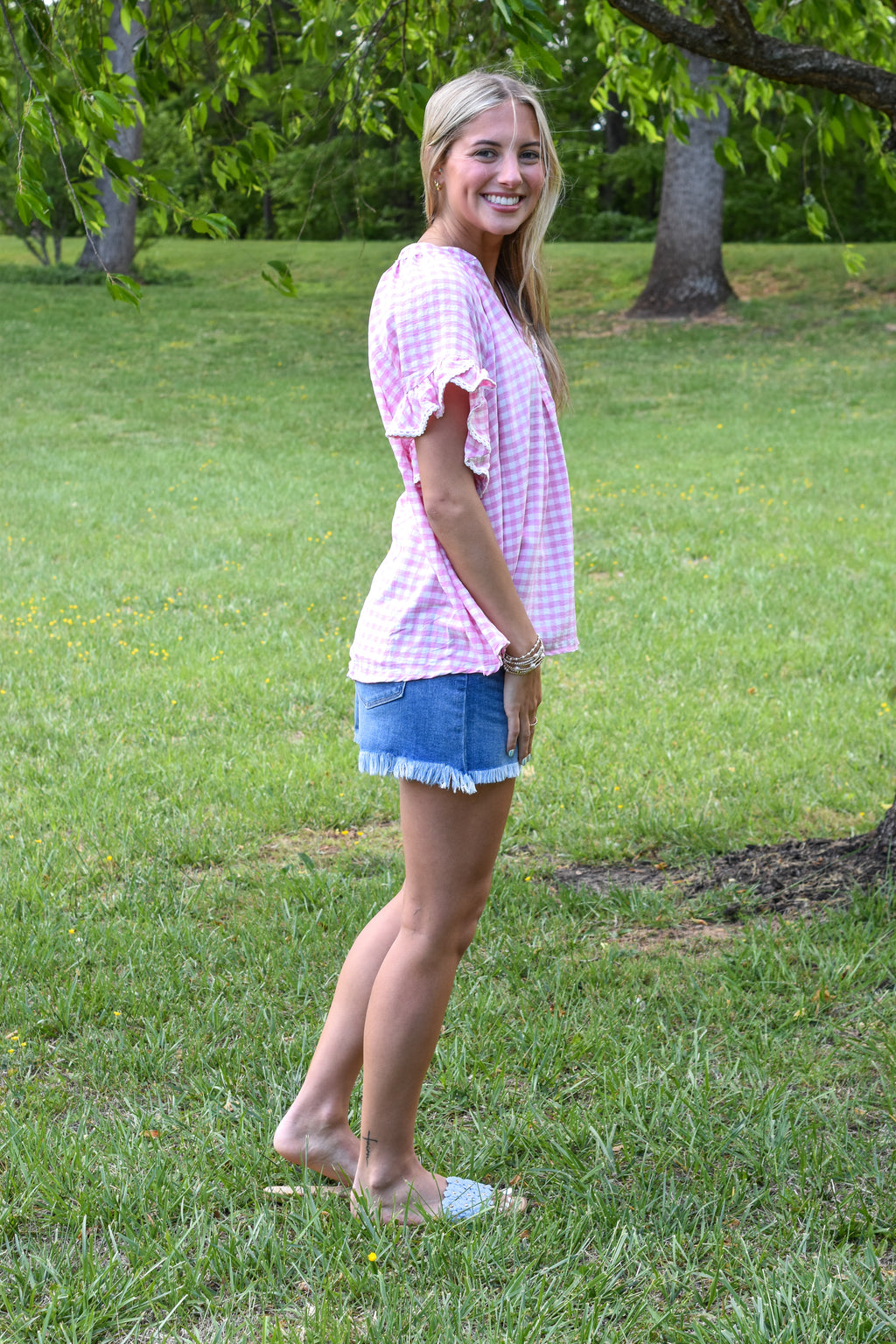 Gingham Ruffle Top: Peony