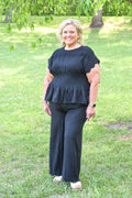 Linen Blend Smocked Peplum Top: Black