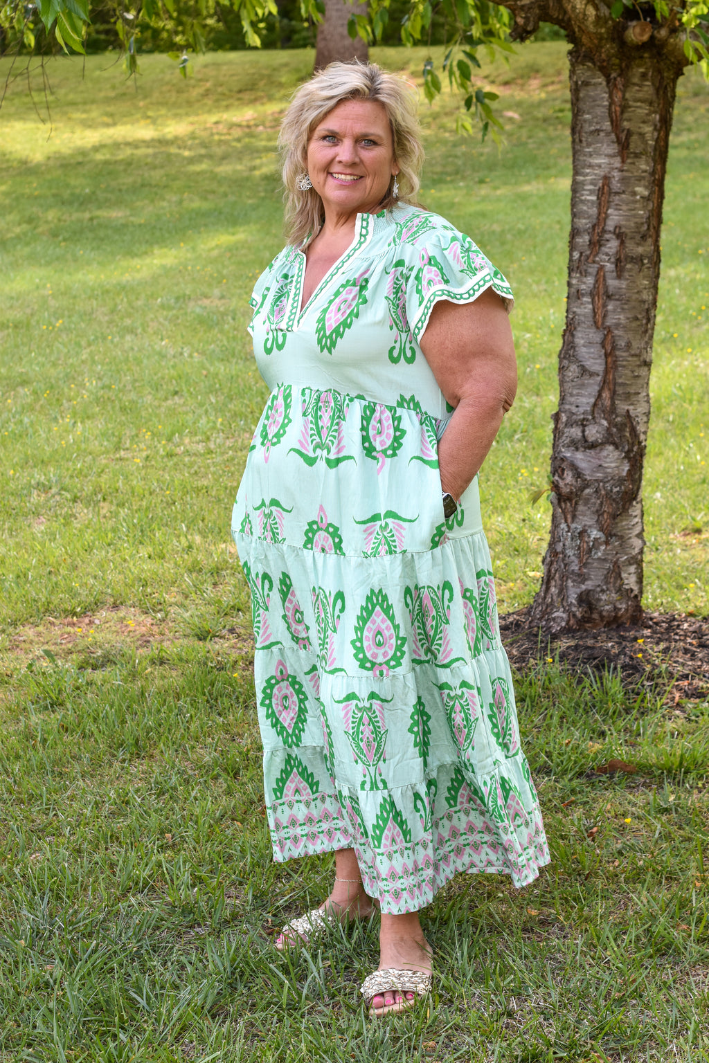 Print Flutter Sleeve Tiered Midi Dress