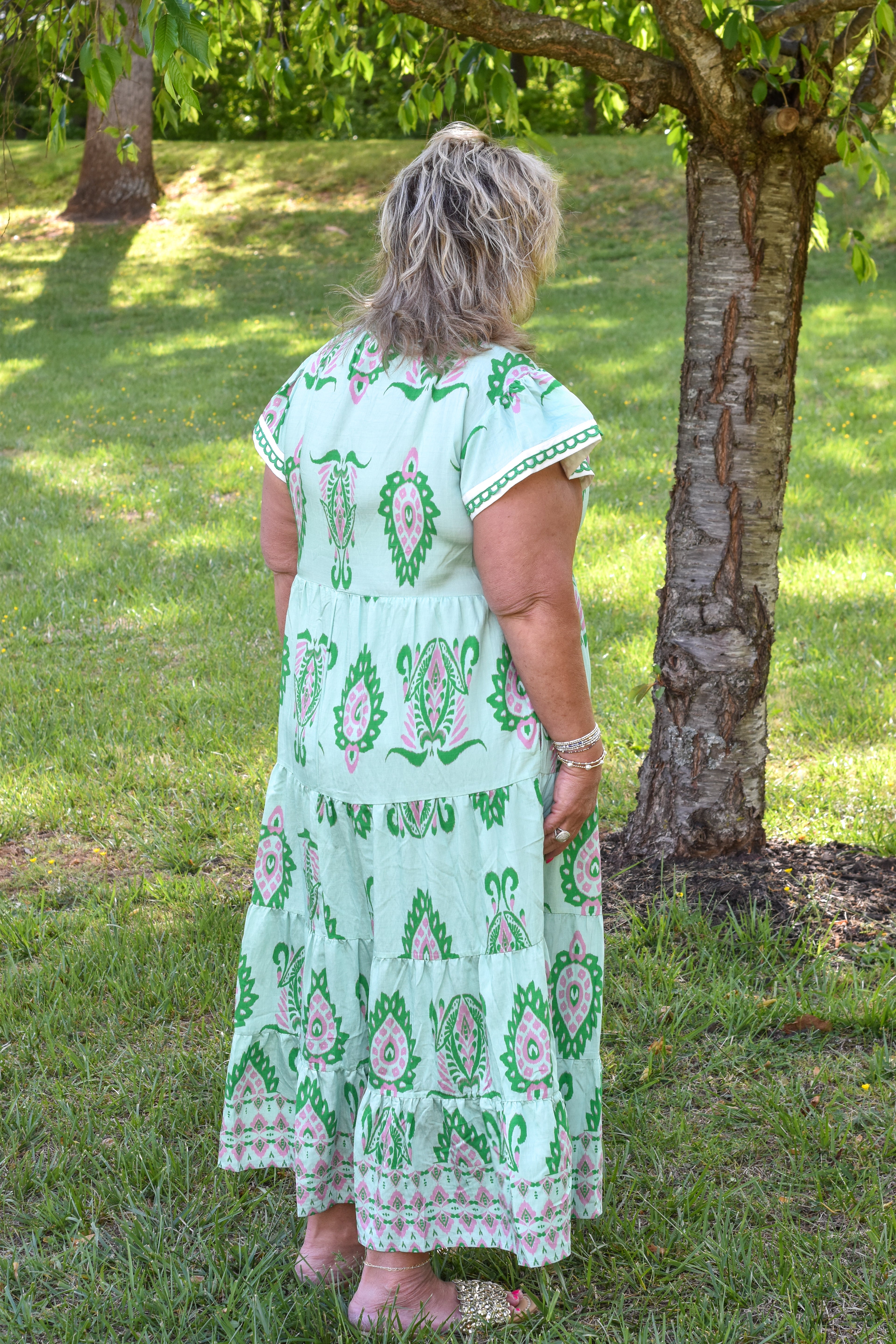 Print Flutter Sleeve Tiered Midi Dress