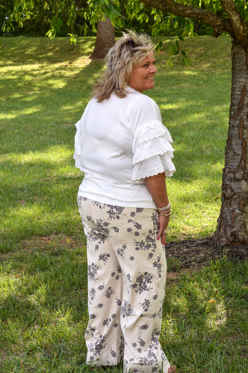 Floral Print Straight Leg Cotton Denim Span Pants