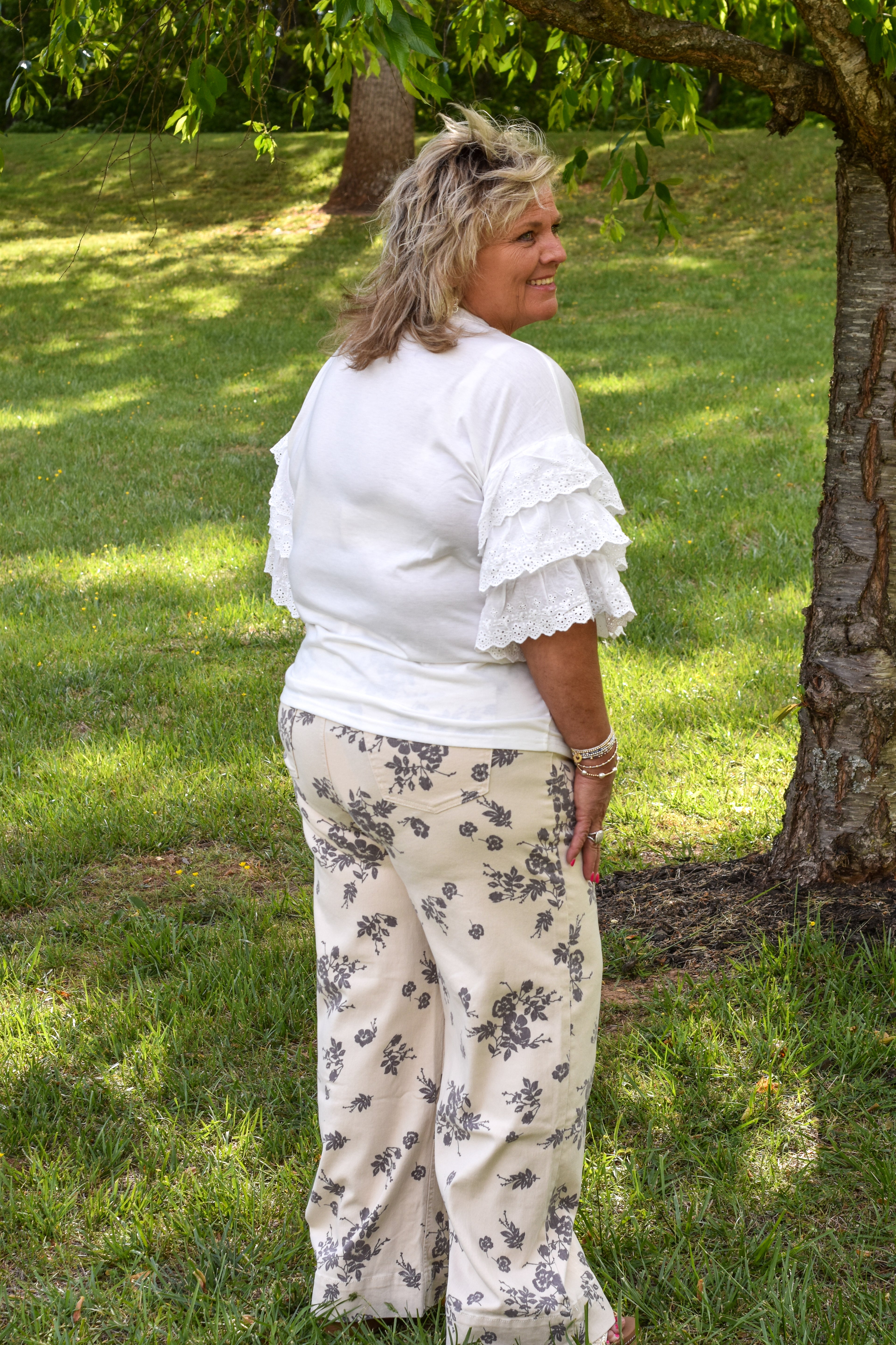 Floral Print Straight Leg Cotton Denim Span Pants