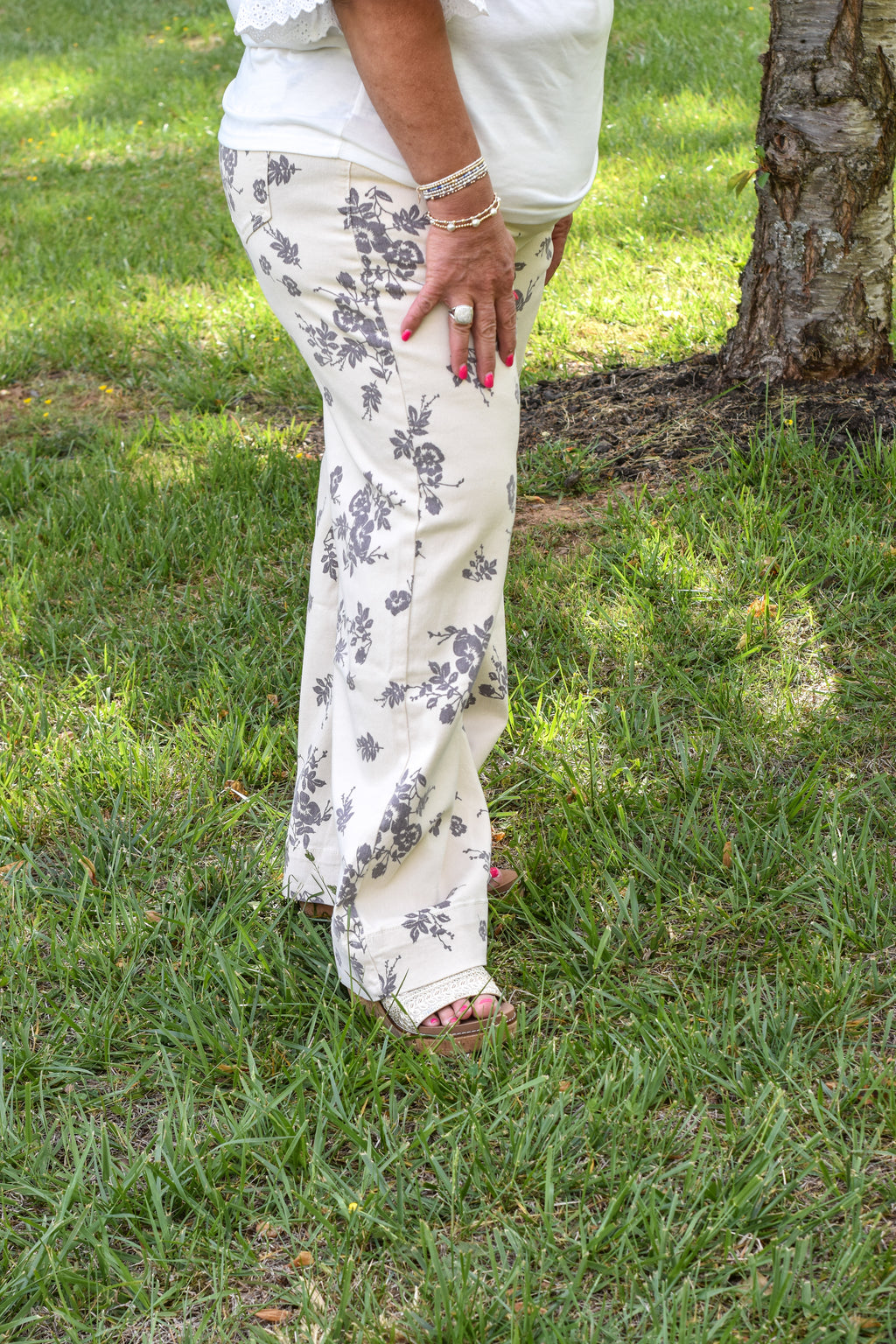 Floral Print Straight Leg Cotton Denim Span Pants
