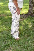 Floral Print Straight Leg Cotton Denim Span Pants