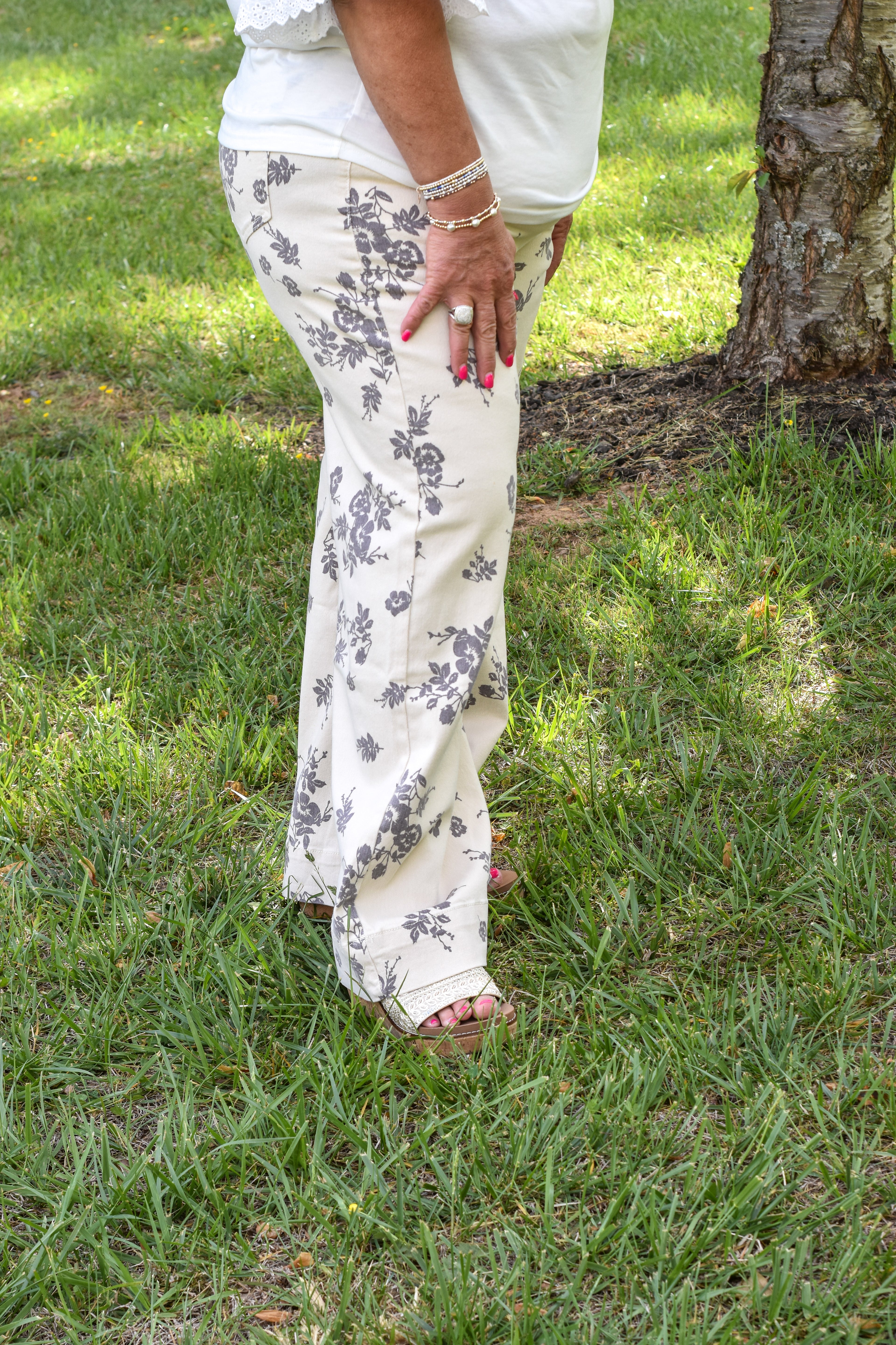 Floral Print Straight Leg Cotton Denim Span Pants