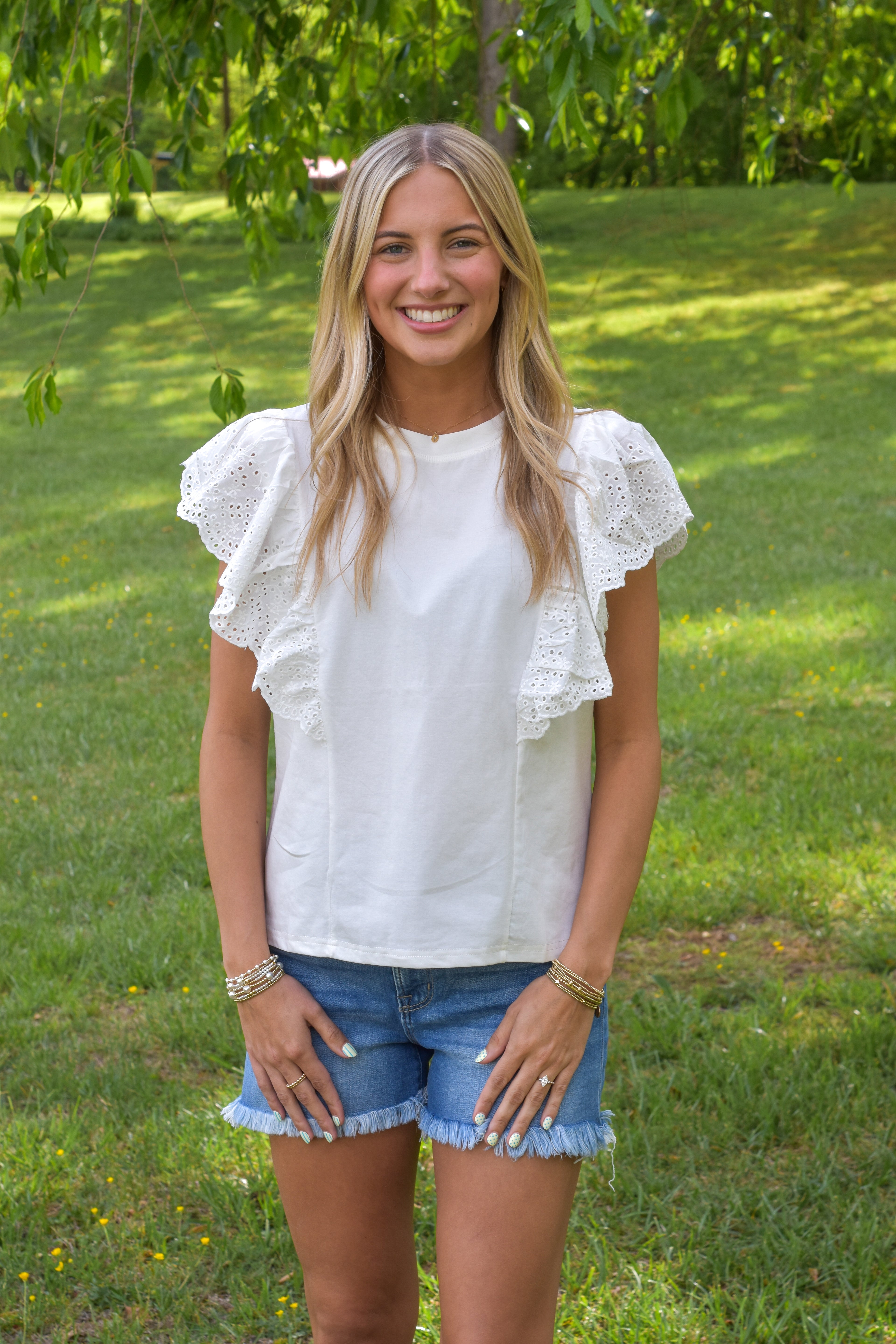 Flutter Sleeve With Scalloped Eyelet Lace Cotton Top