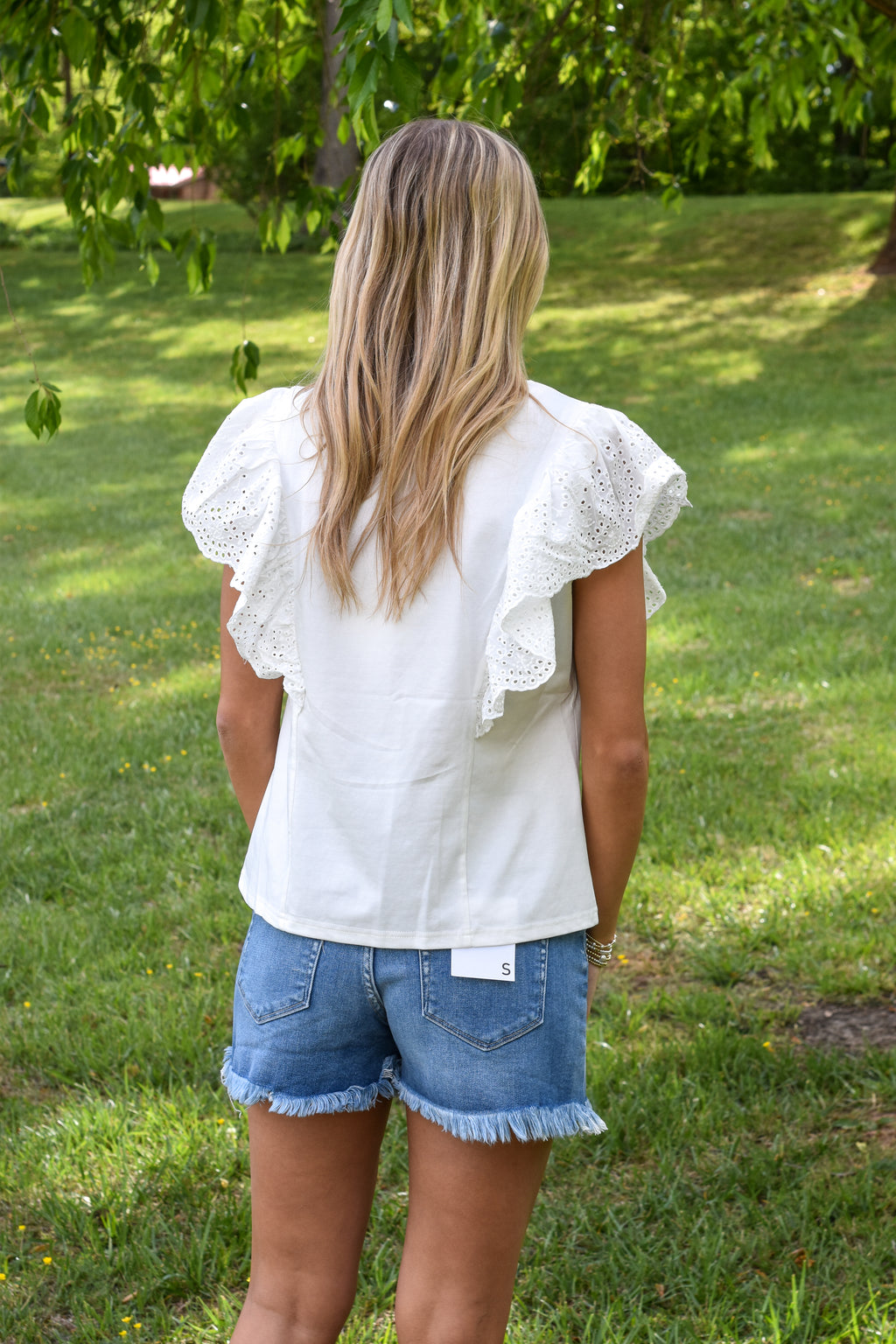 Flutter Sleeve With Scalloped Eyelet Lace Cotton Top