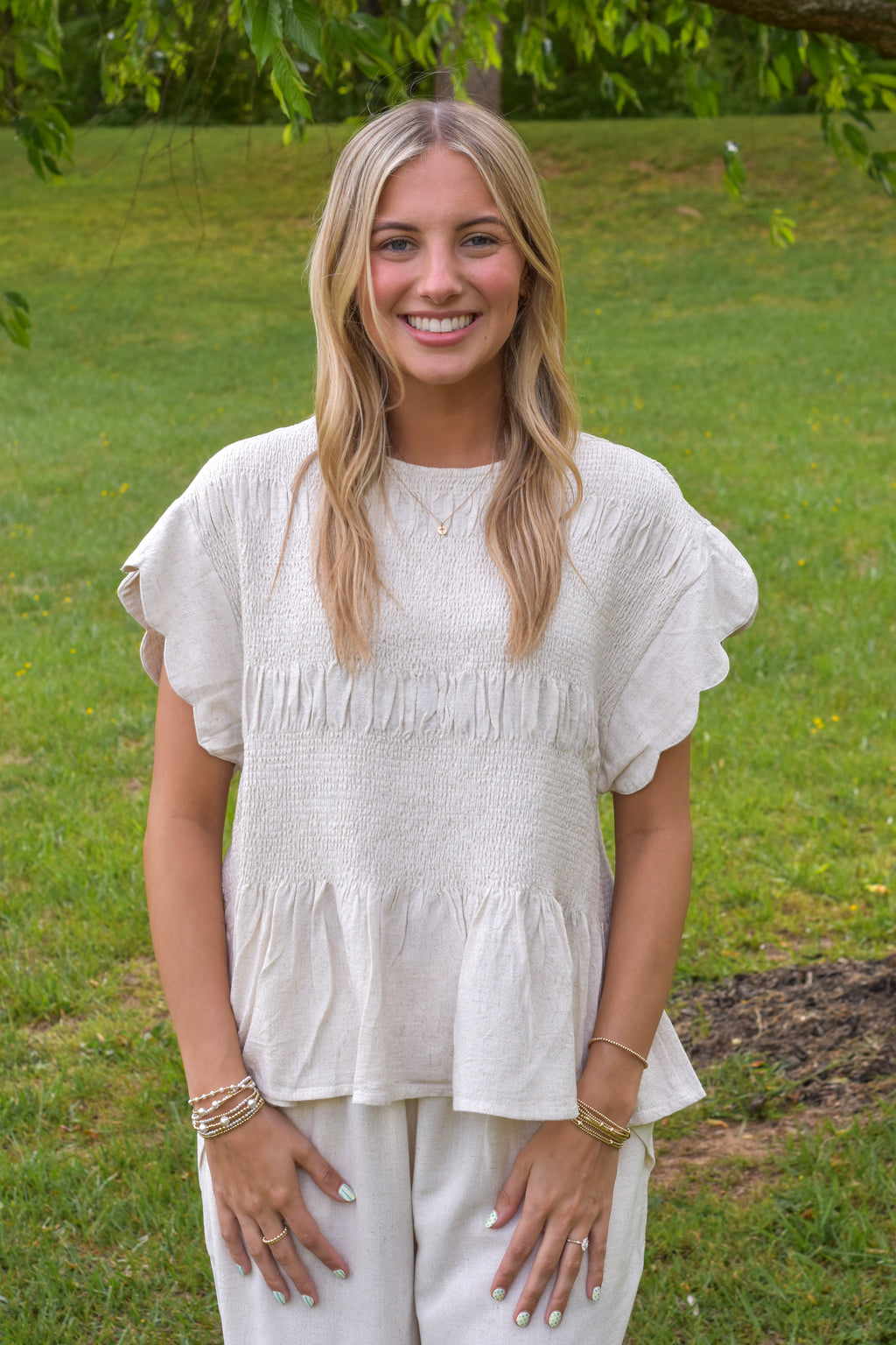 Linen Blend Smocked Peplum Top: Oatmeal