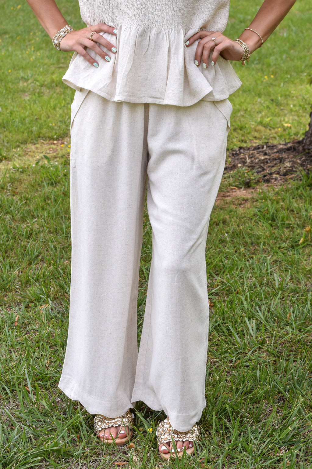Linen Blend Scallop Hem Wide Leg Pants: Oatmeal