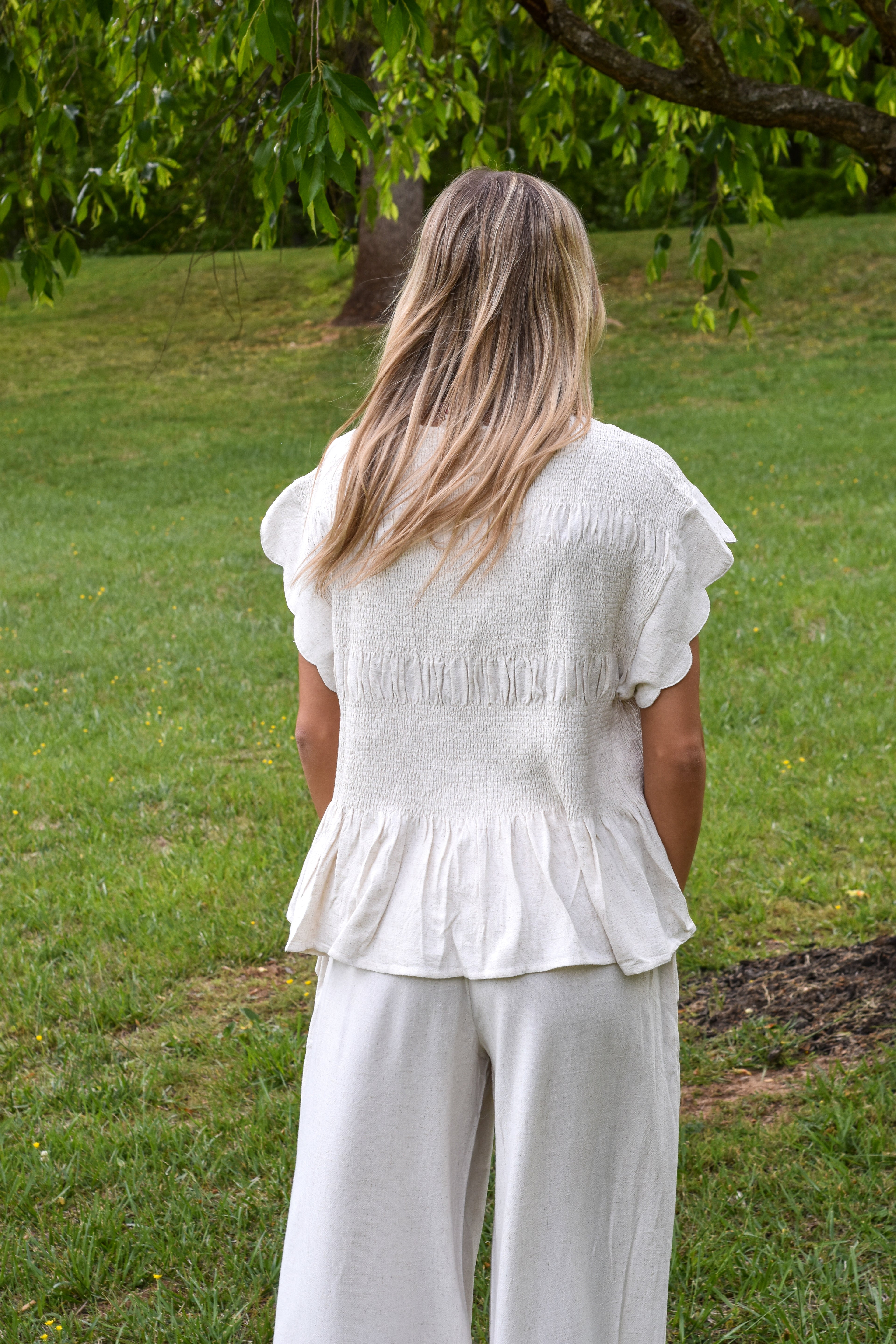 Linen Blend Smocked Peplum Top: Oatmeal