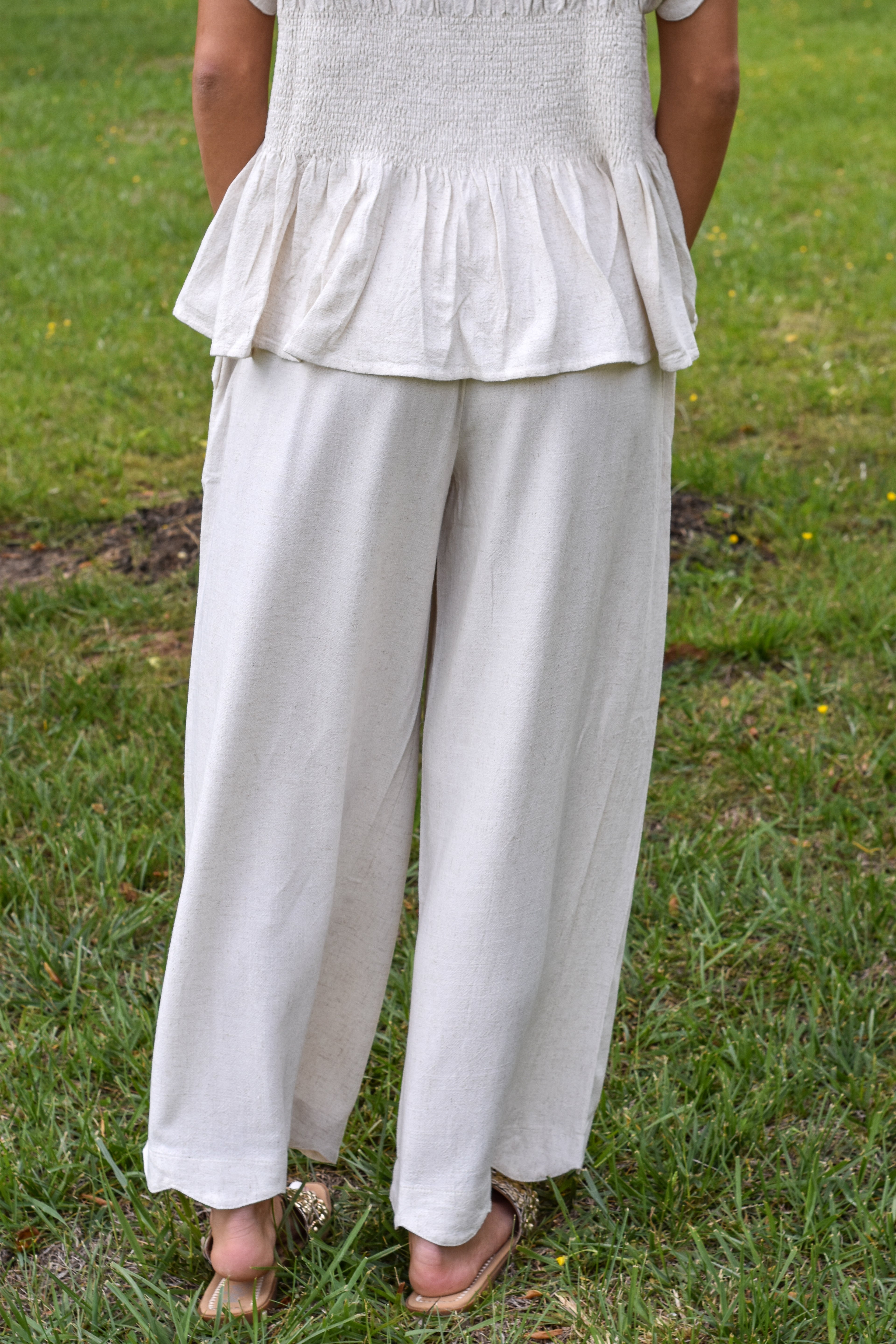 Linen Blend Scallop Hem Wide Leg Pants: Oatmeal