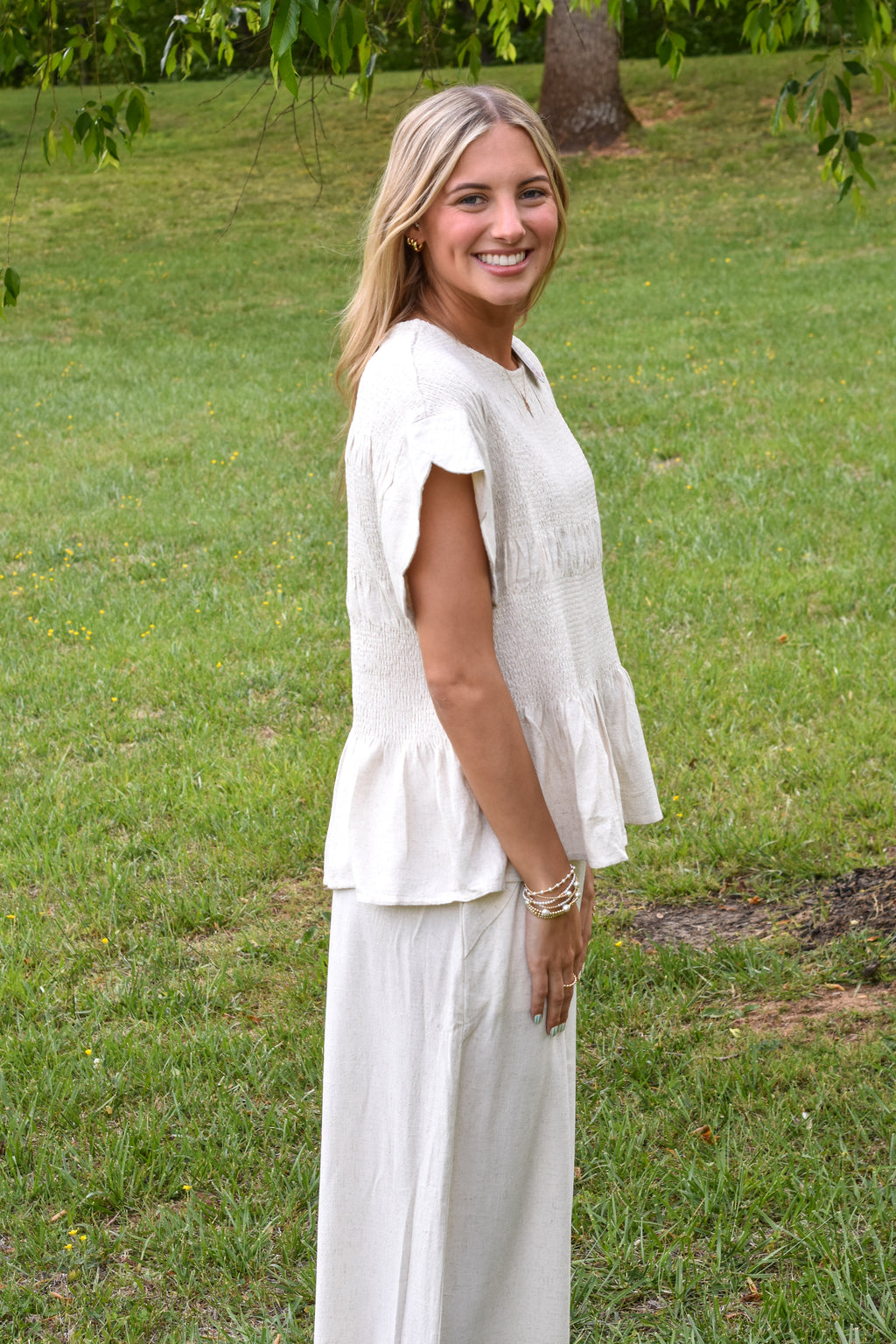 Linen Blend Smocked Peplum Top: Oatmeal