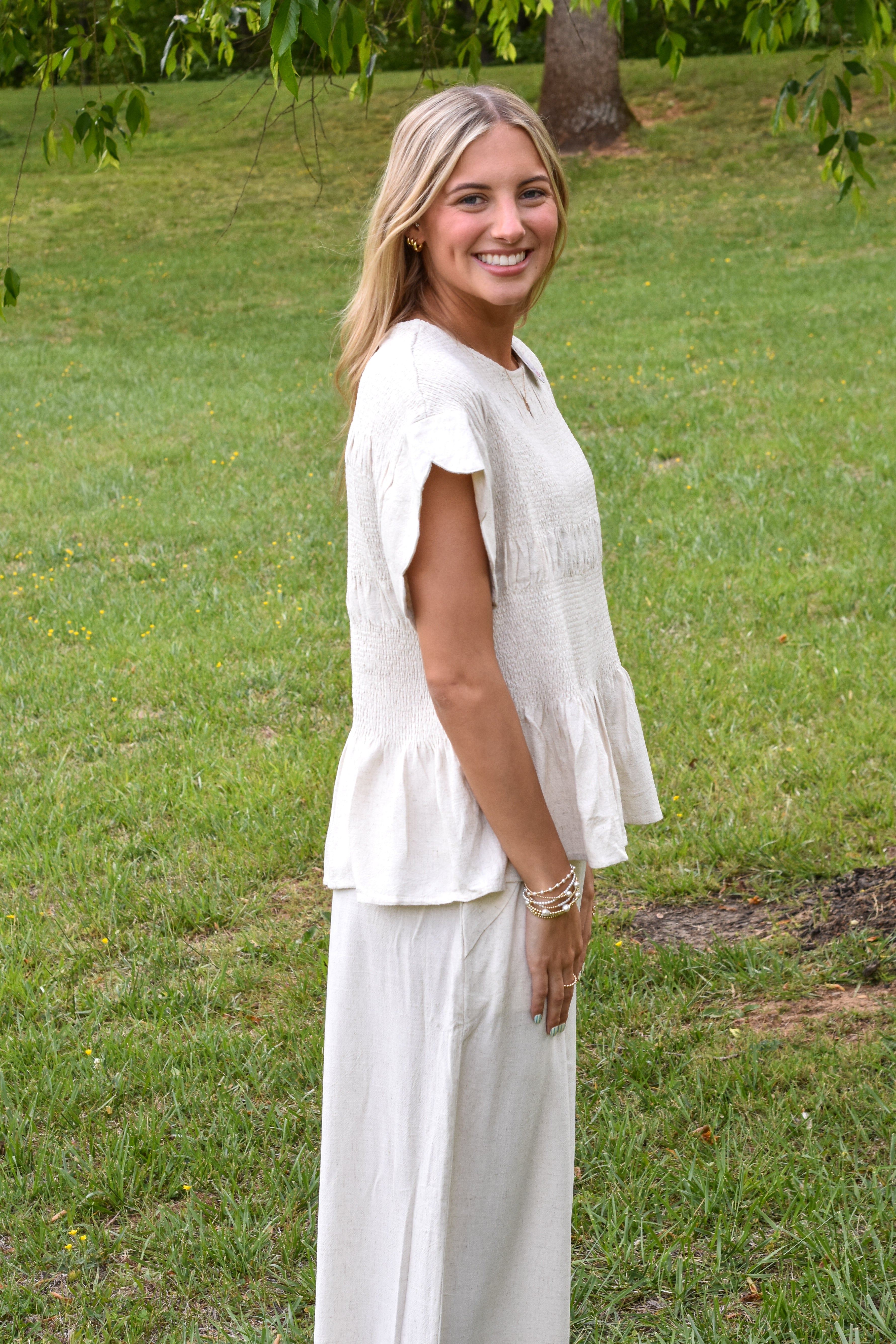 Linen Blend Smocked Peplum Top: Oatmeal