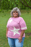 Plus Star Patchwork Cotton Blended Slub Knit Top (Vintage Pink)