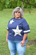 Plus Star Patchwork Cotton Blended Slub Knit Top (Navy)