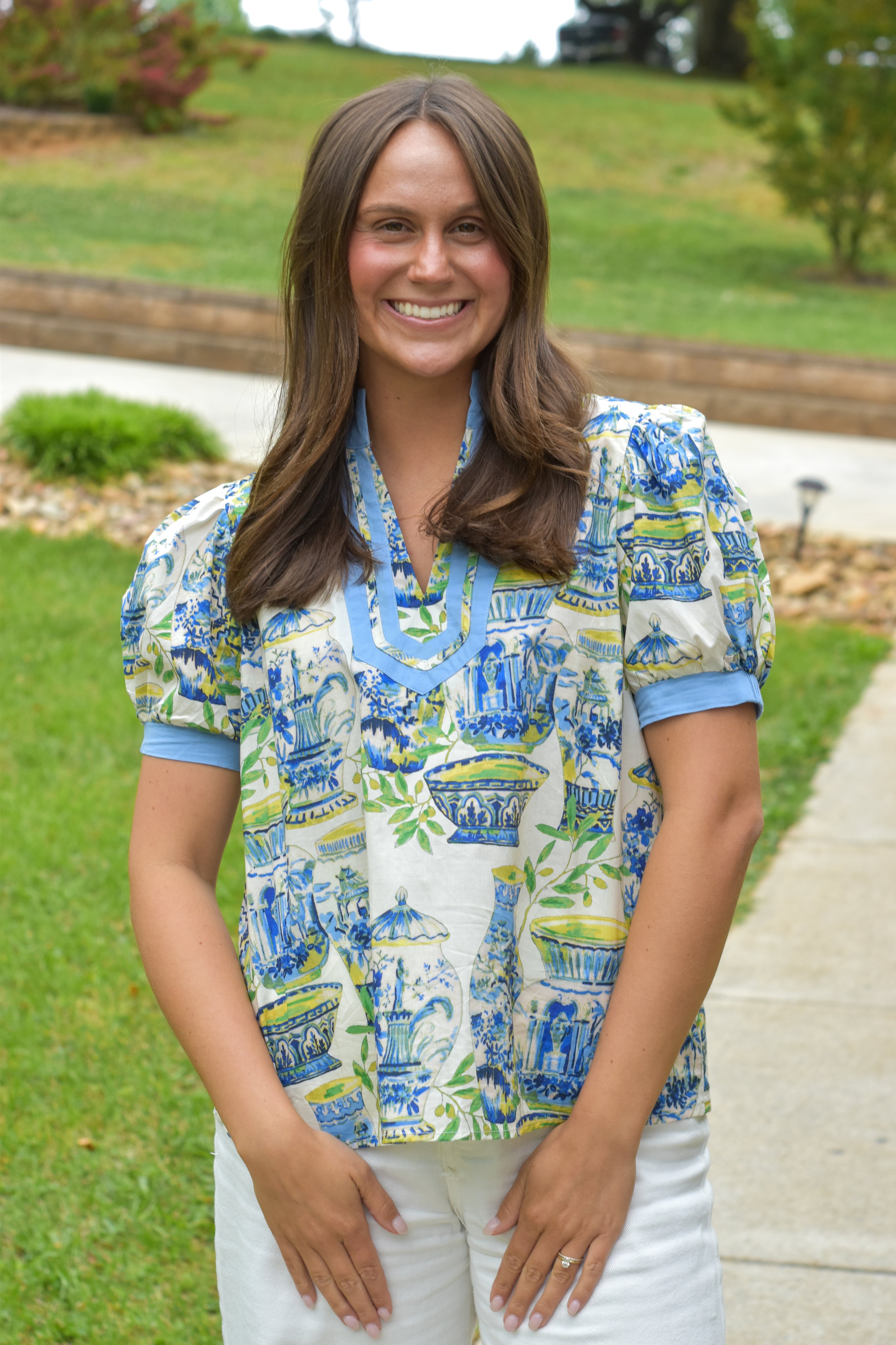 Abstract Print V-Neck Top