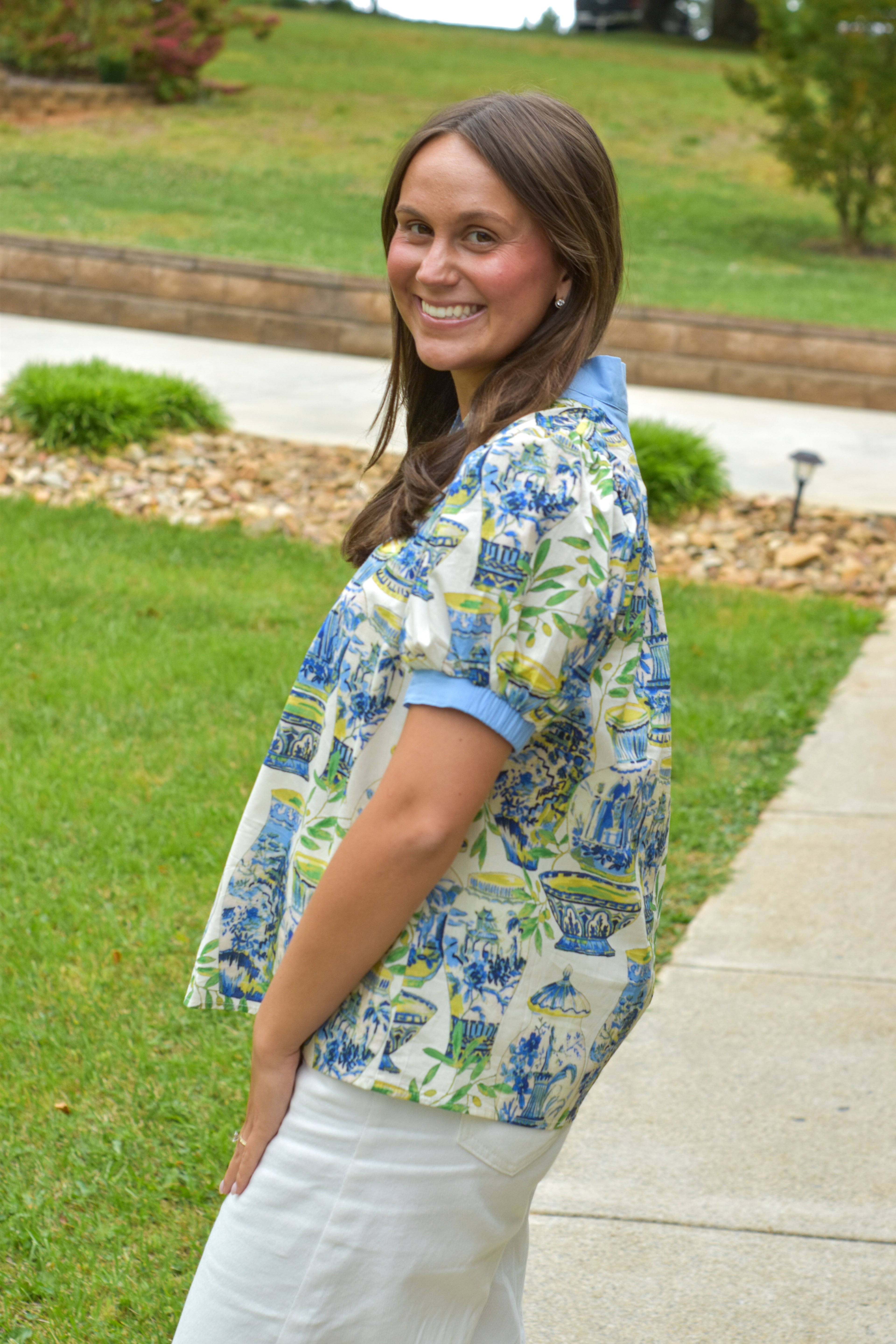 Abstract Print V-Neck Top
