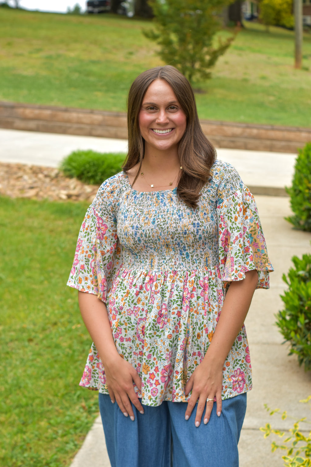 TWIN PRINT GODET SMOCKED OFF SHOULDER BELL SLEEVE
