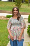 TWIN PRINT GODET SMOCKED OFF SHOULDER BELL SLEEVE
