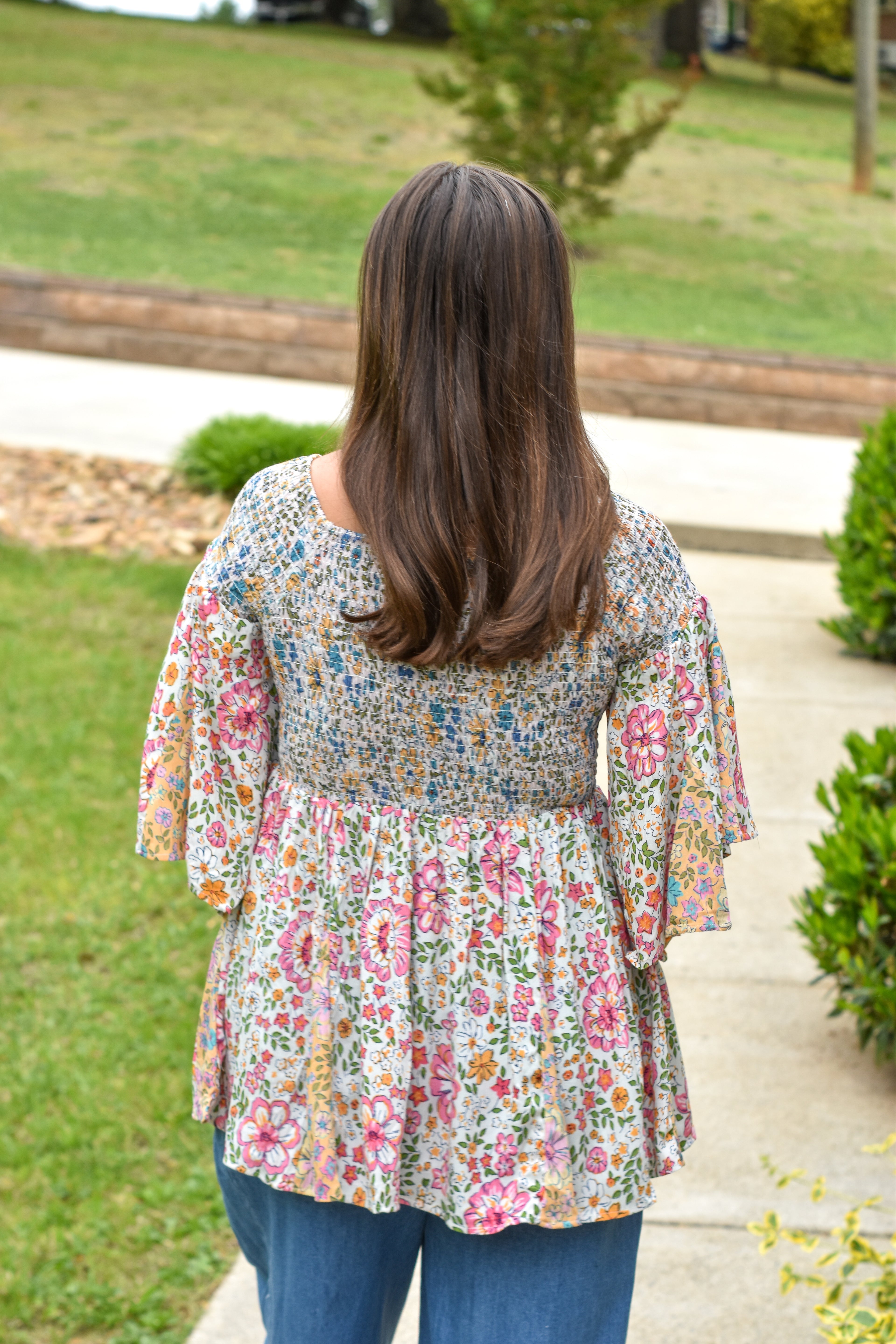 TWIN PRINT GODET SMOCKED OFF SHOULDER BELL SLEEVE