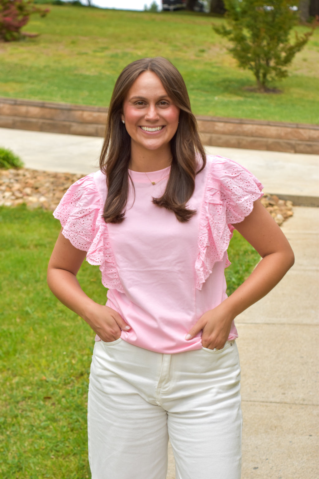 Flutter Sleeve With Scalloped Eyelet Lace Cotton Top