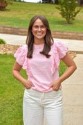 Flutter Sleeve With Scalloped Eyelet Lace Cotton Top