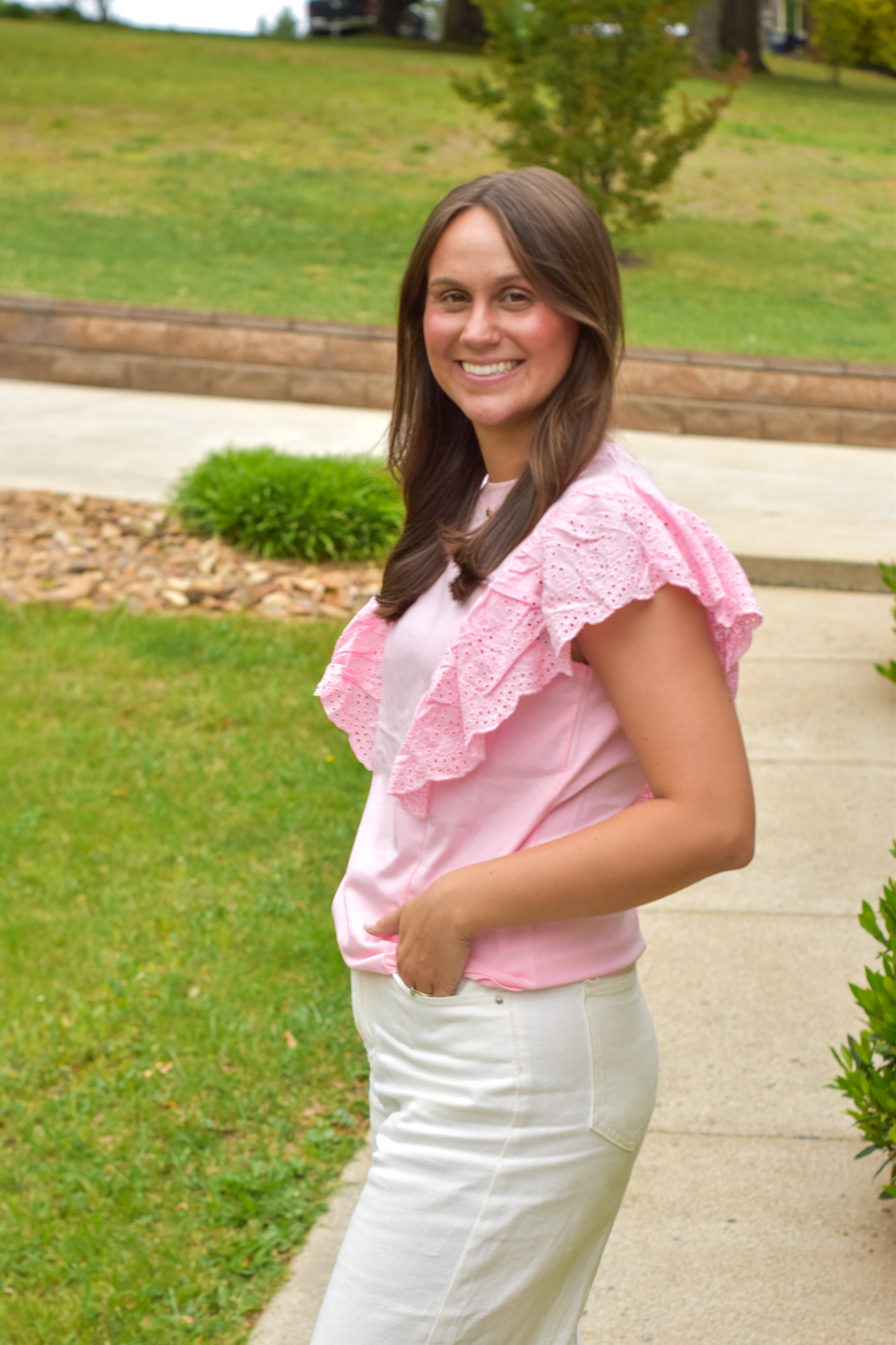 Flutter Sleeve With Scalloped Eyelet Lace Cotton Top