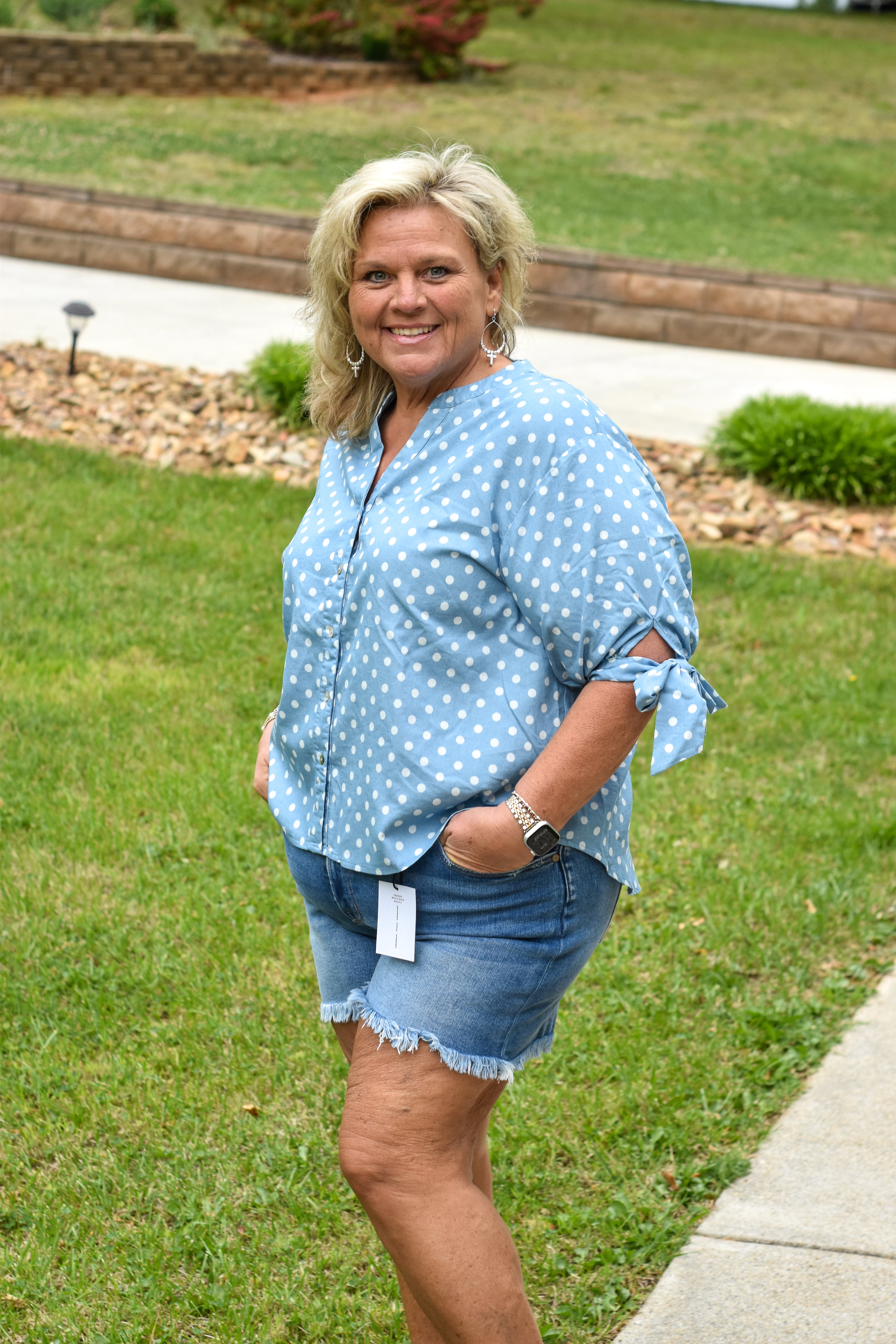Polka Dot V-Neck Short Bow Sleeve Casual Shirt