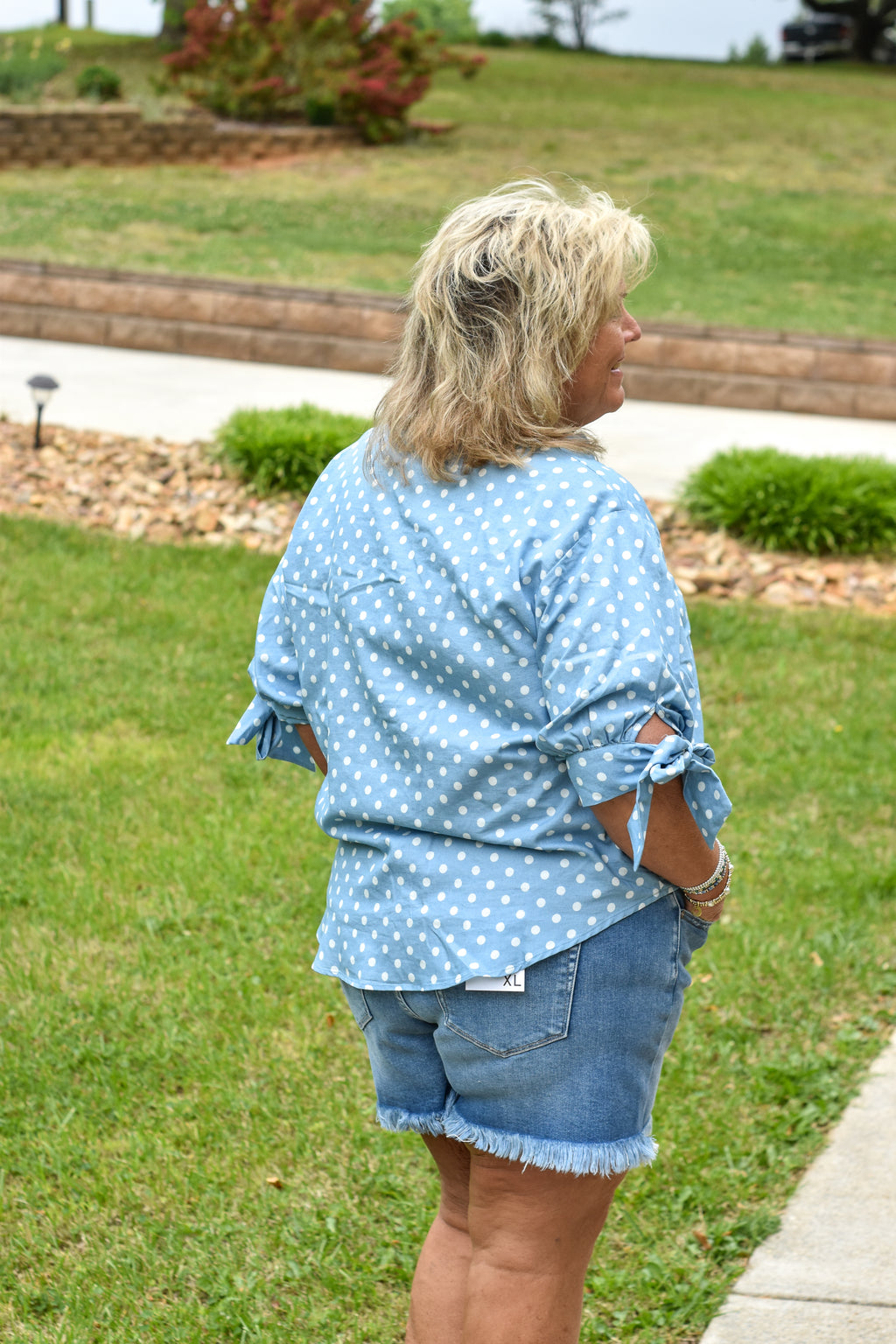 Polka Dot V-Neck Short Bow Sleeve Casual Shirt