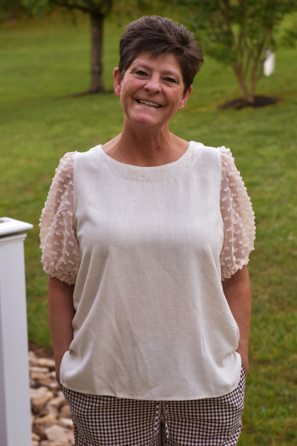 Linen Boxy Cut Round Neckline Top - Oatmeal