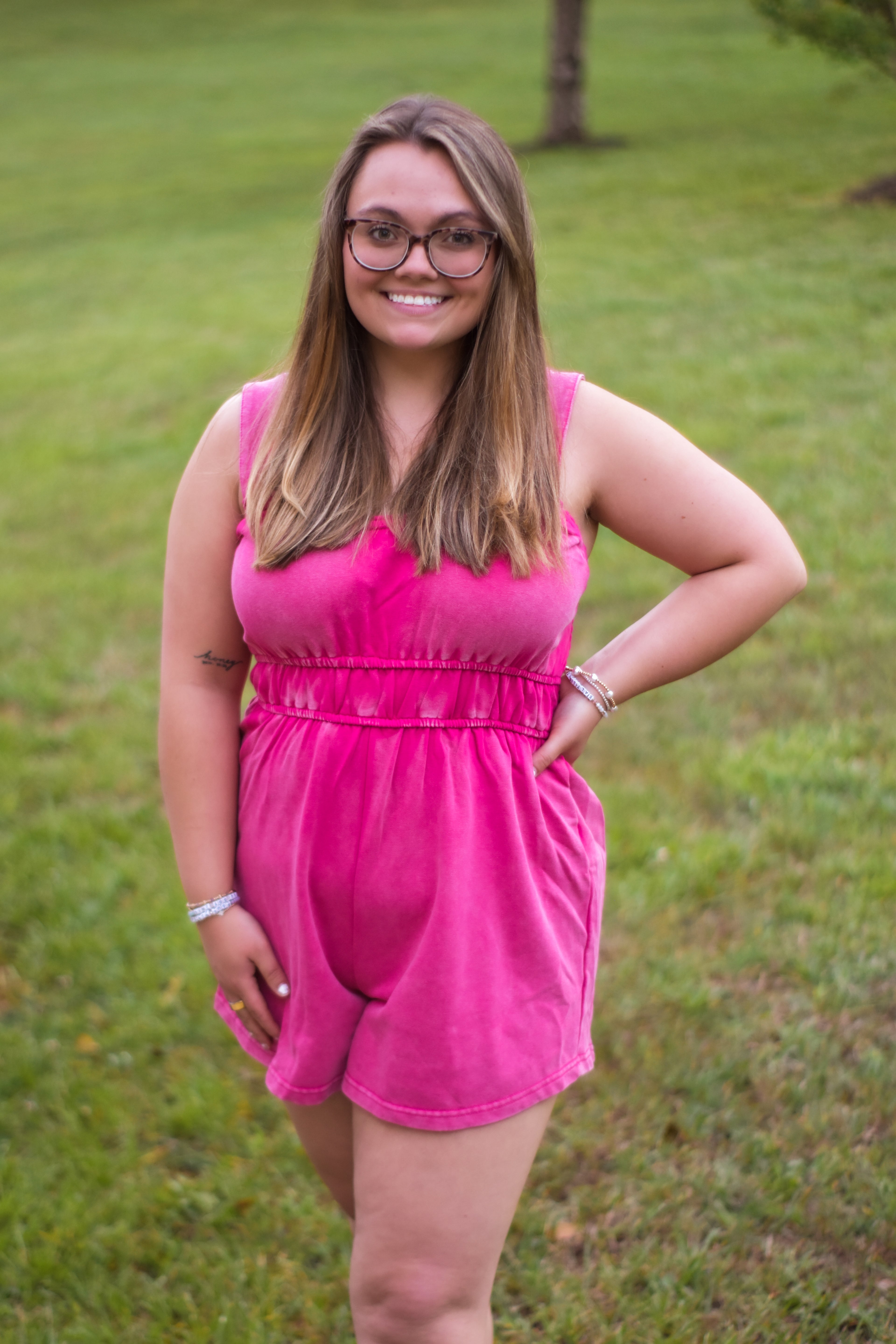 Mineral Wash Sleeveless Romper - Hot Pink