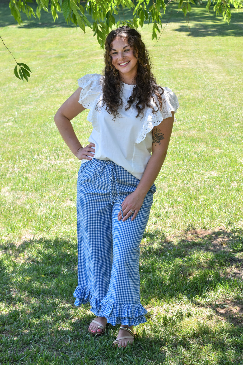 Gingham Casual Ruffled Hem 100%Cotton Cropped Pants