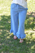 Gingham Casual Ruffled Hem 100%Cotton Cropped Pants